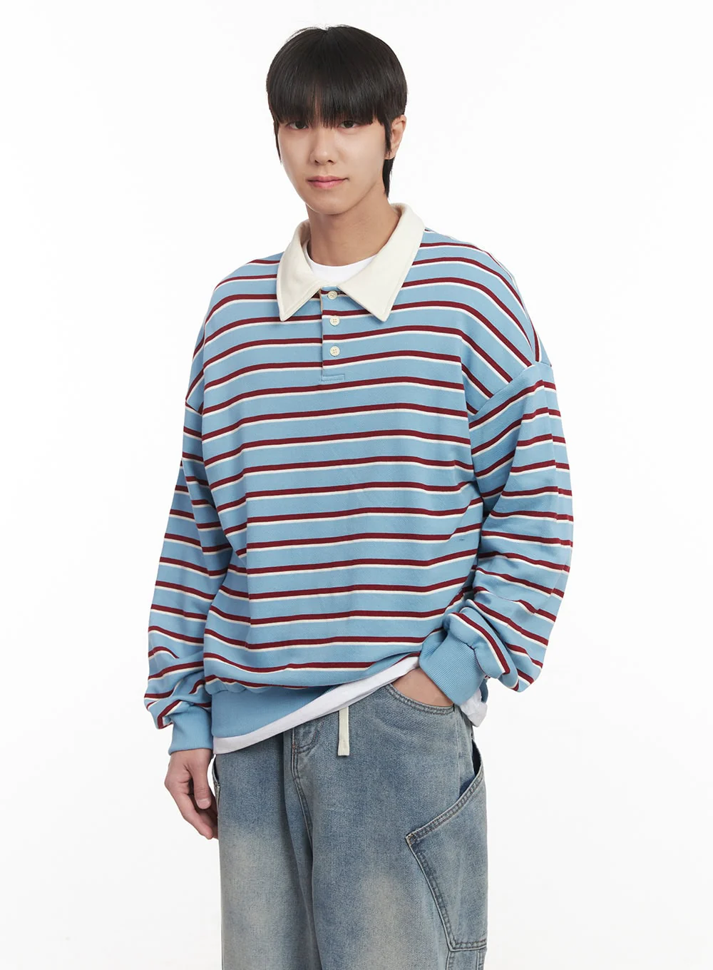 Men's Stripe Collared Sweatshirt (Light Blue) IM518 - Image 3