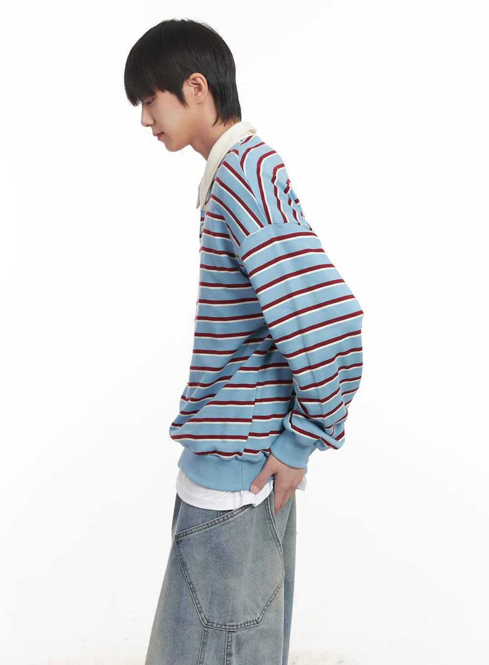 Men's Stripe Collared Sweatshirt (Light Blue) IM518 - Image 5