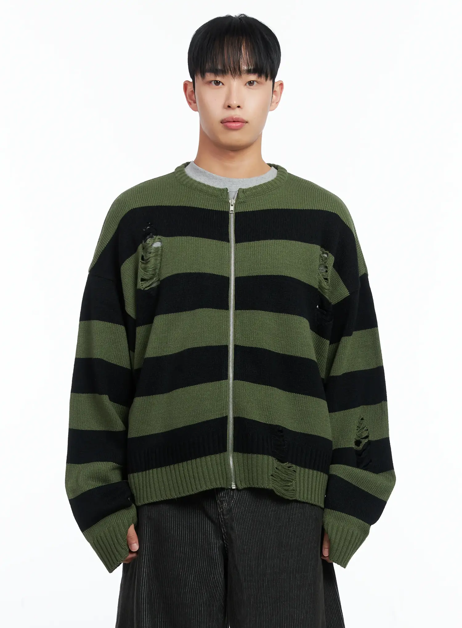 Men's Stripe Distressed Knit Cardigan IN518 - Image 9