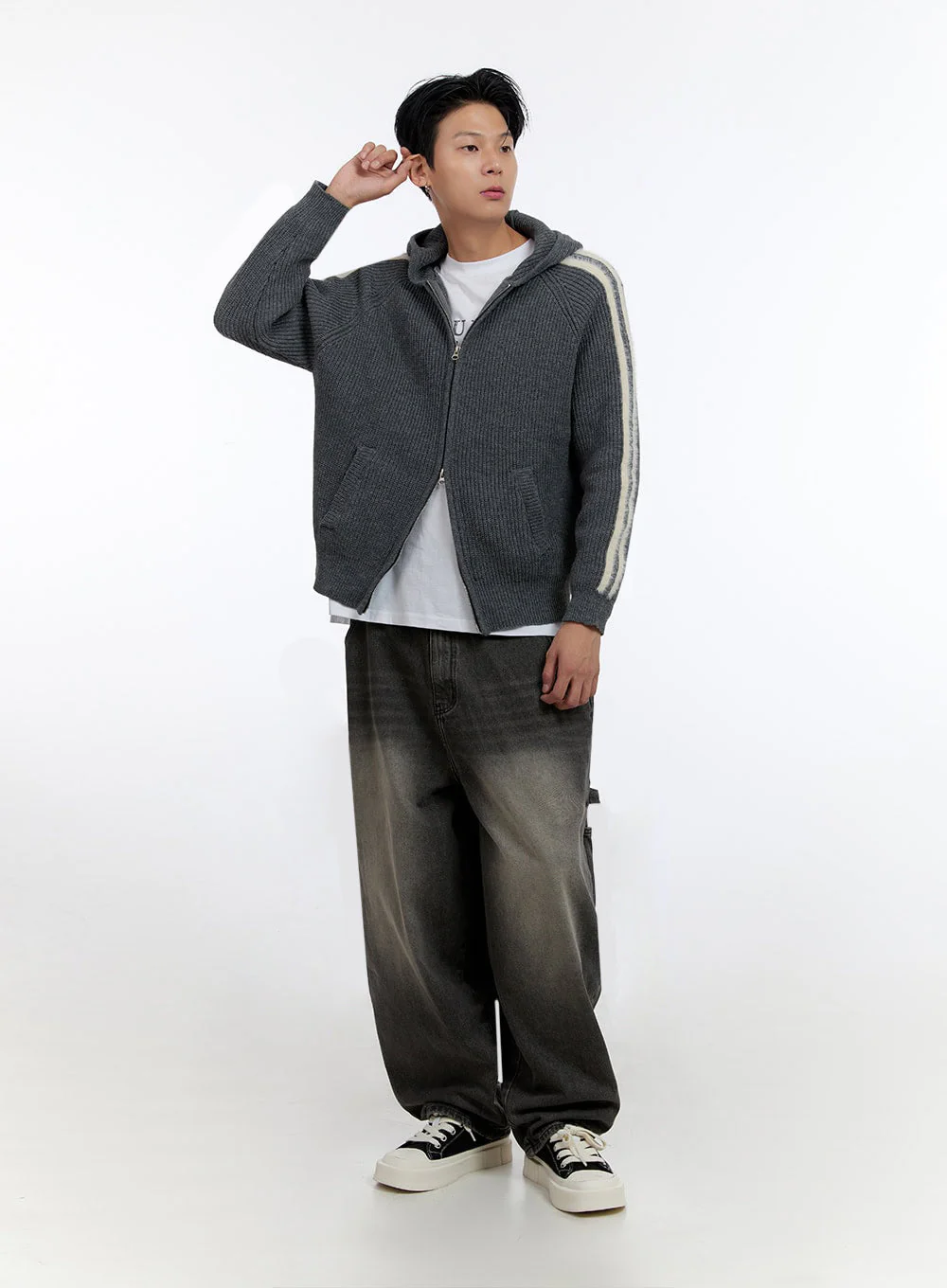 Men's Striped Double Zipper Knit Hoodie IO428 - Image 2