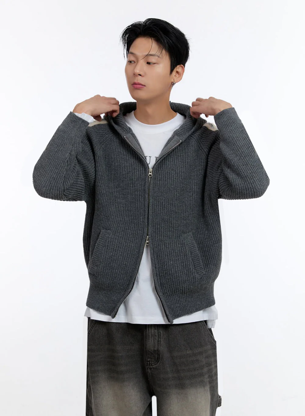 Men's Striped Double Zipper Knit Hoodie IO428 - Image 3