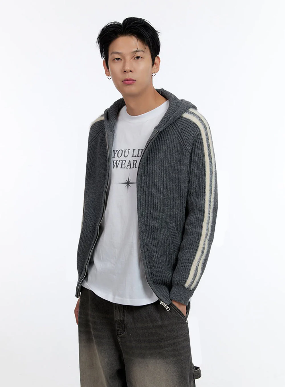 Men's Striped Double Zipper Knit Hoodie IO428 - Image 4