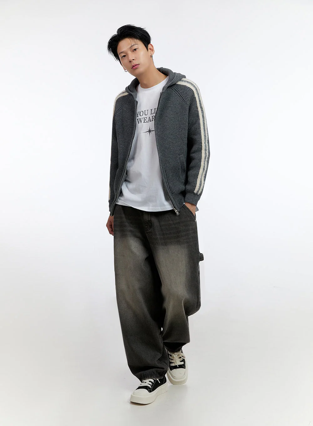 Men's Striped Double Zipper Knit Hoodie IO428 - Image 6