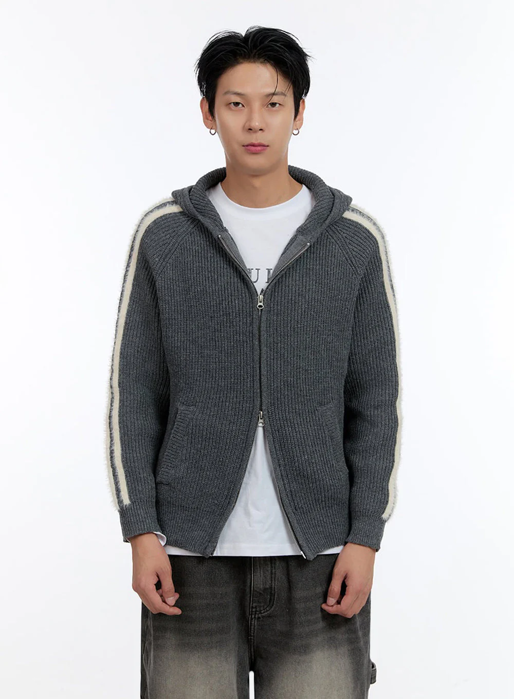 Men's Striped Double Zipper Knit Hoodie IO428 - Image 7