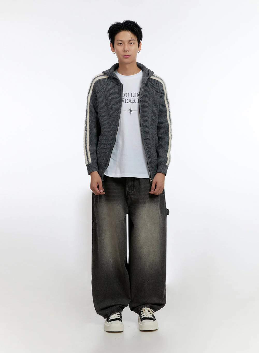 Men's Striped Double Zipper Knit Hoodie IO428 - Image 8