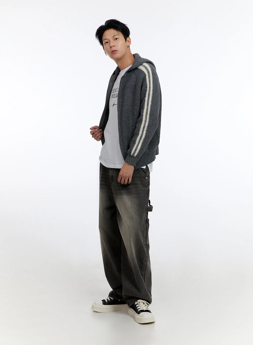 Men's Striped Double Zipper Knit Hoodie IO428 - Image 9