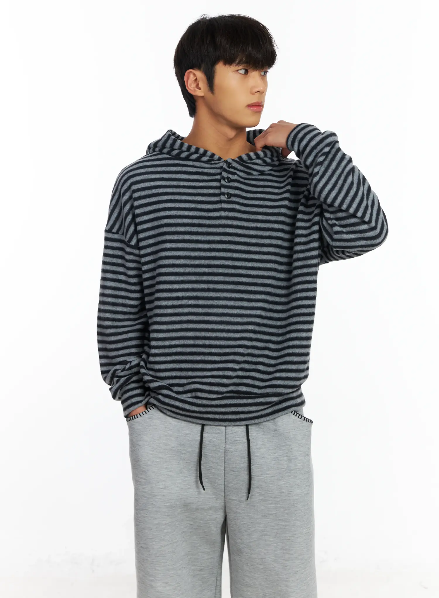 Men's Striped Fleece Henley Hoodie IF506