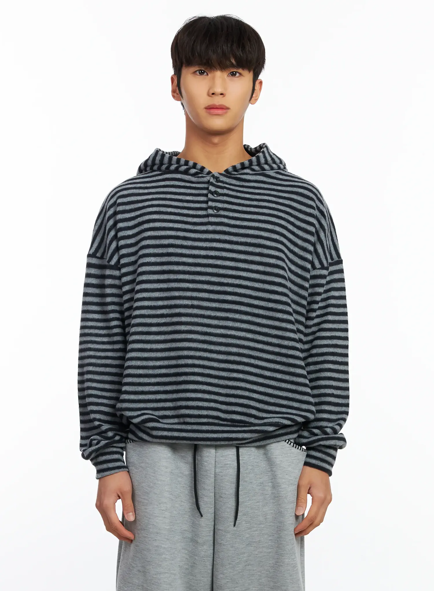 Men's Striped Fleece Henley Hoodie IF506 - Image 10