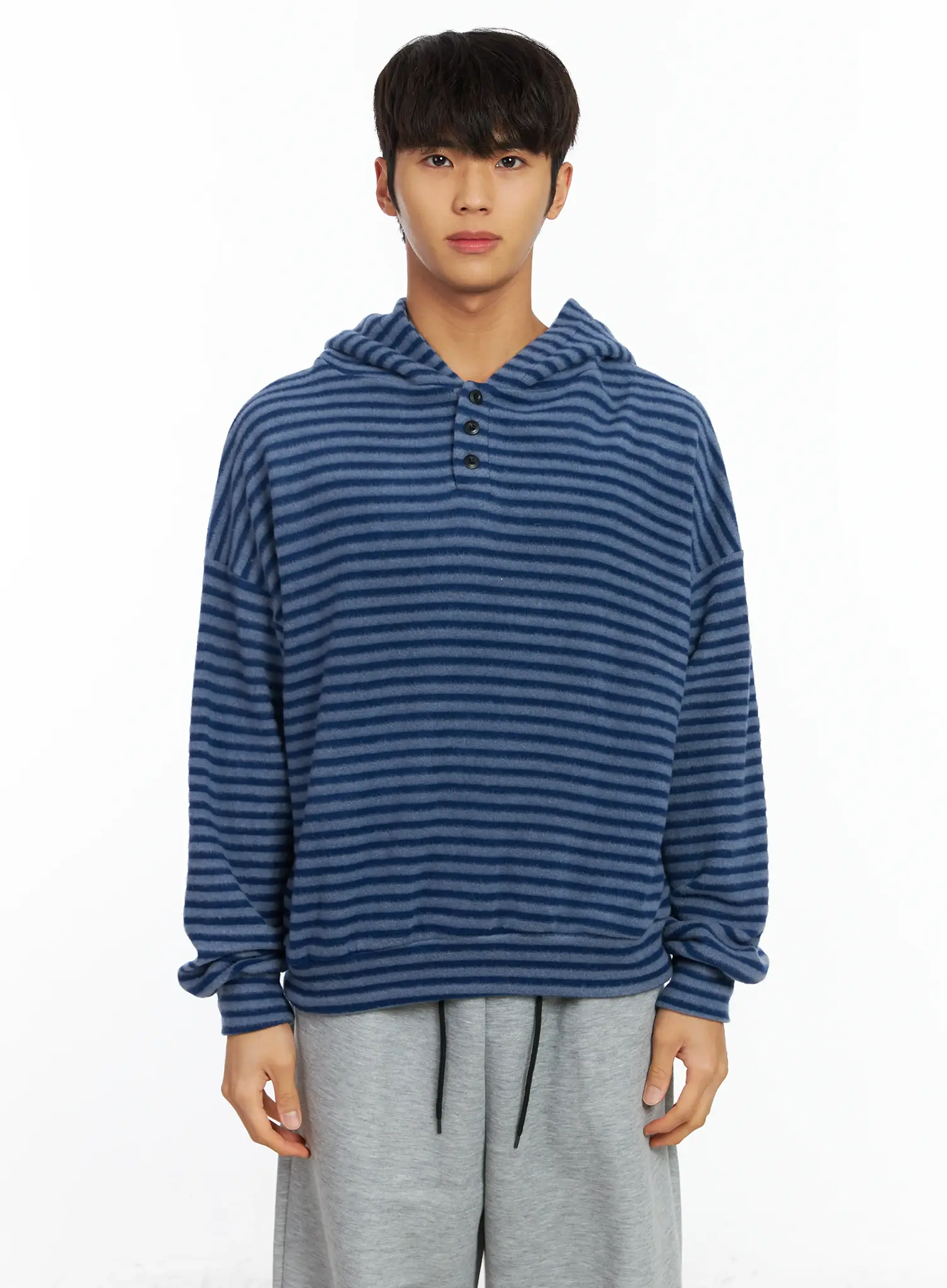 Men's Striped Fleece Henley Hoodie IF506 - Image 12