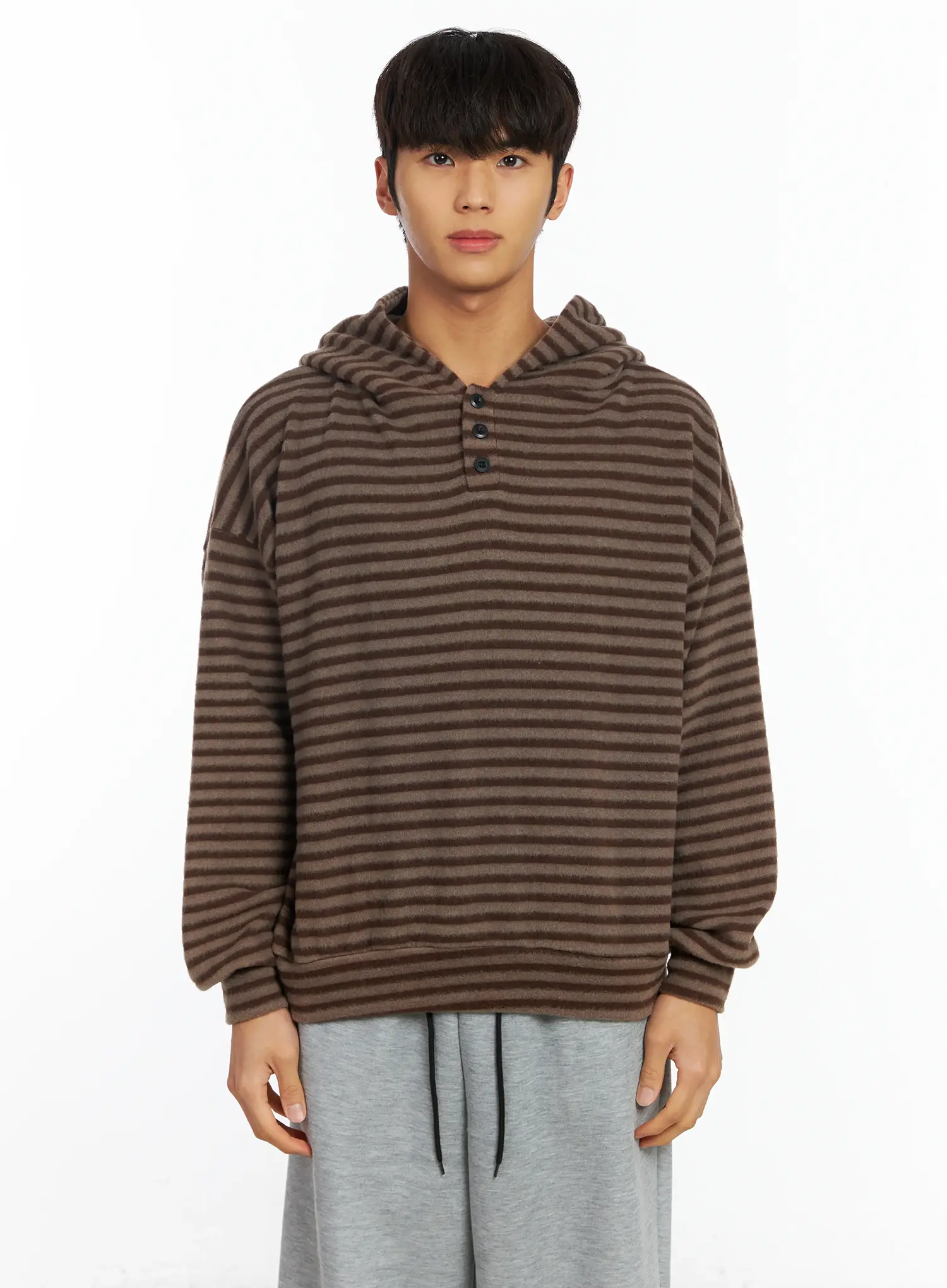 Men's Striped Fleece Henley Hoodie IF506 - Image 13