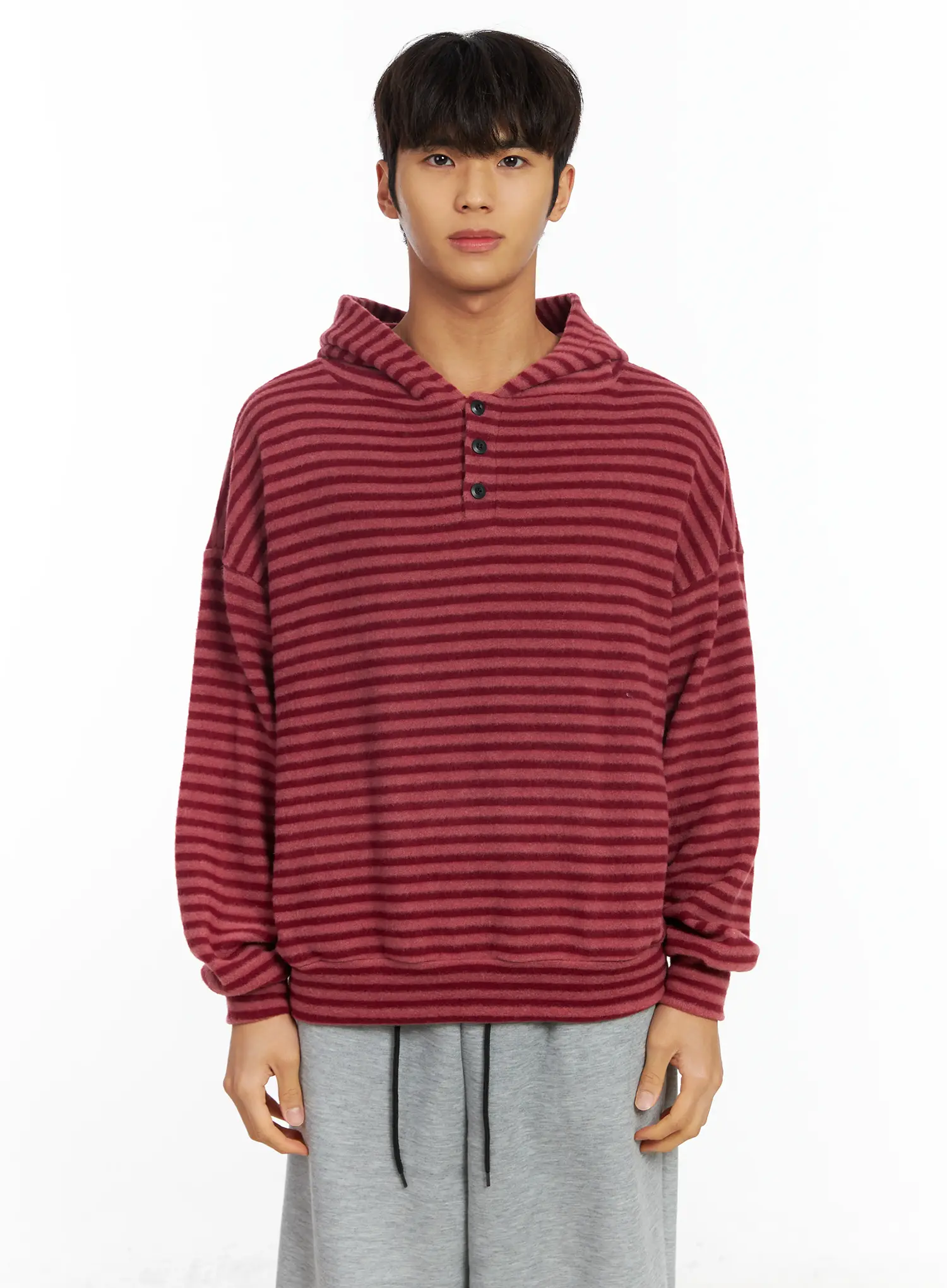 Men's Striped Fleece Henley Hoodie IF506 - Image 14
