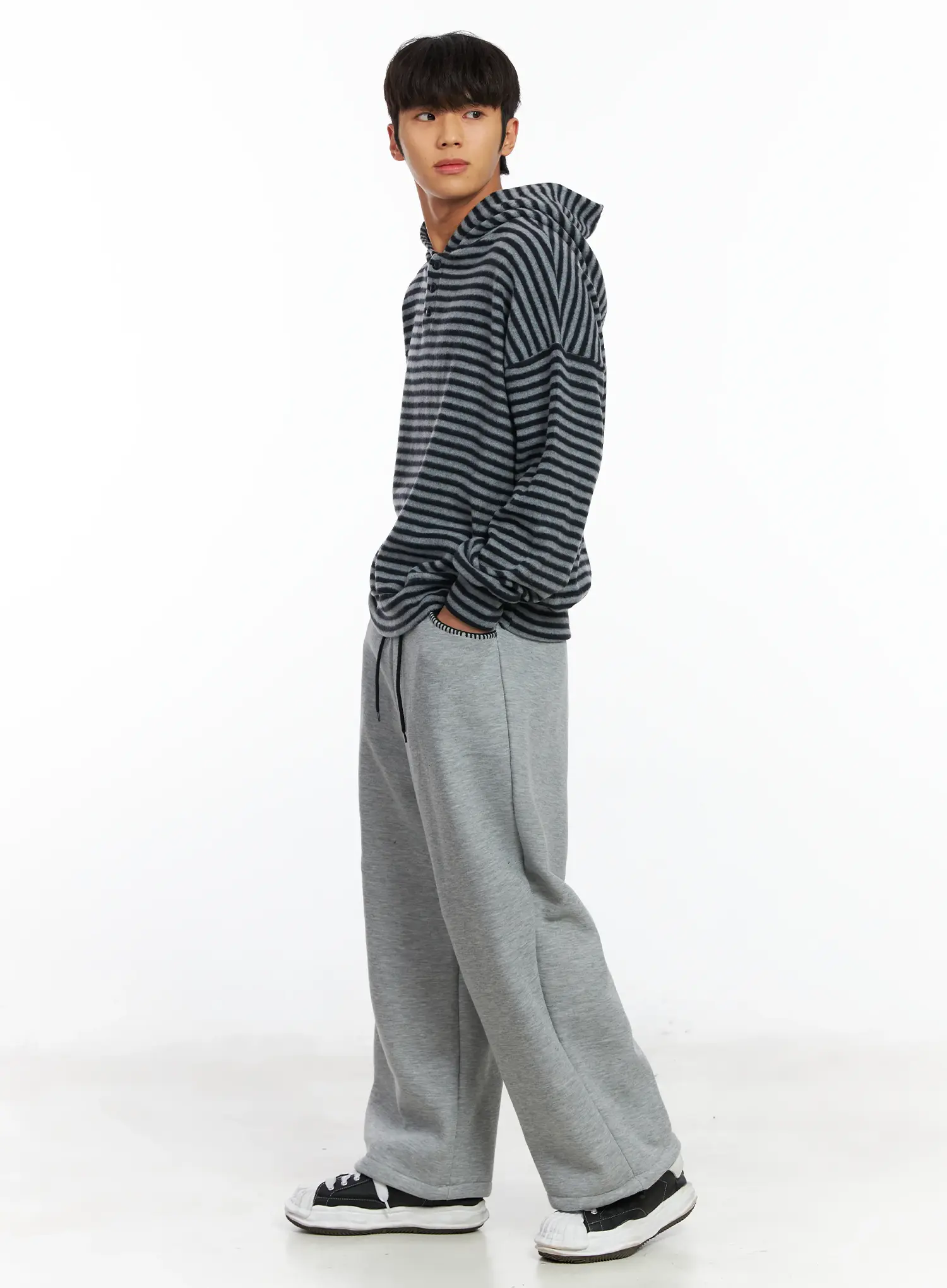 Men's Striped Fleece Henley Hoodie IF506 - Image 2