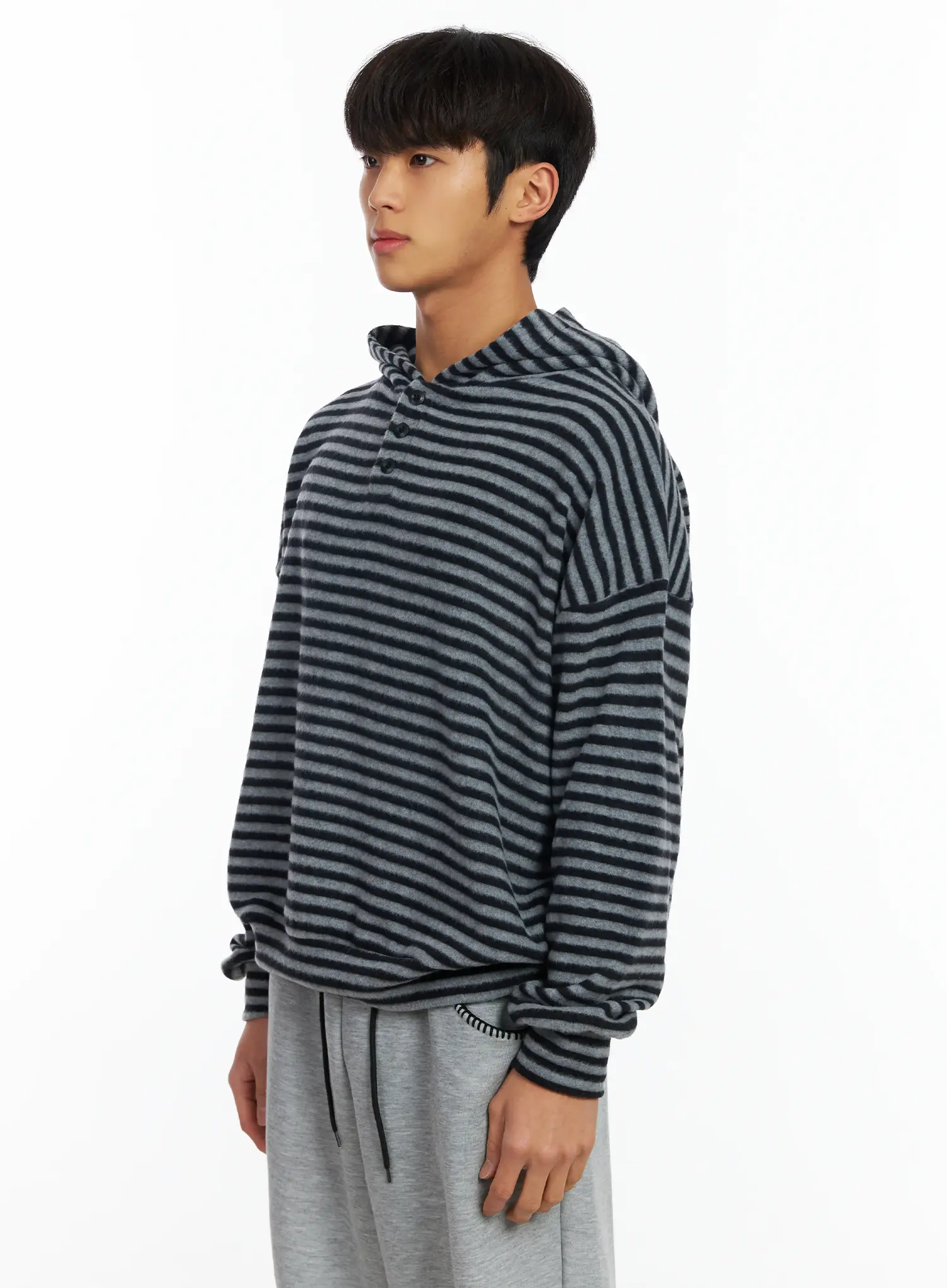 Men's Striped Fleece Henley Hoodie IF506 - Image 4