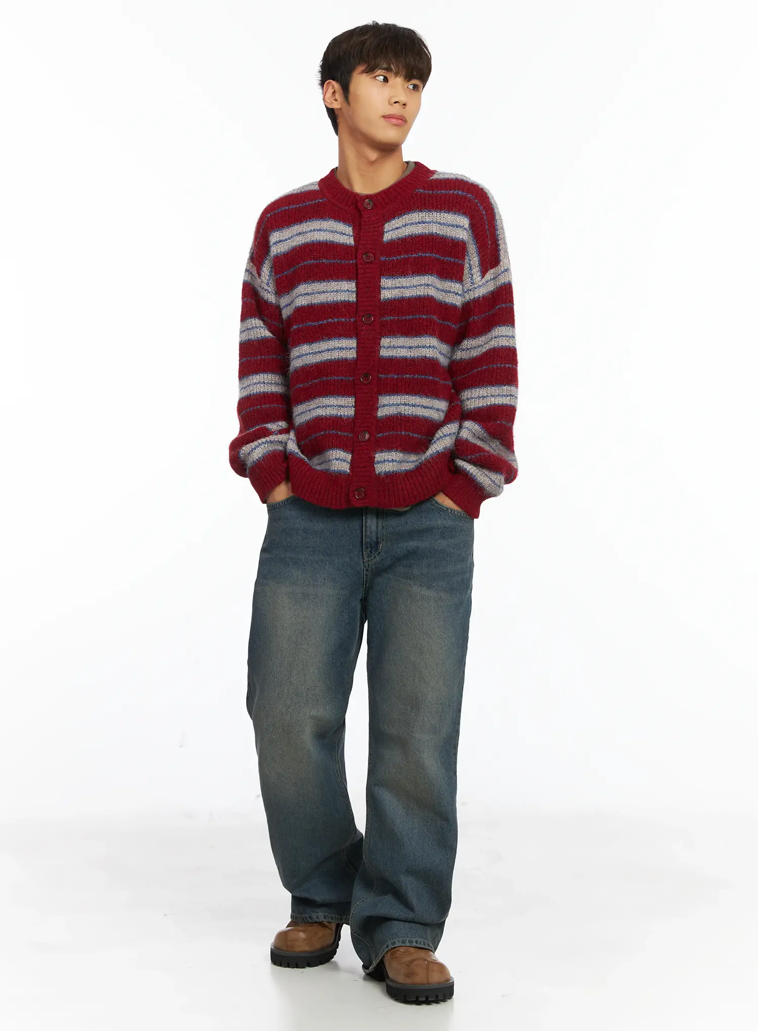 Men's Striped Knit Cardigan IJ514 - Image 2