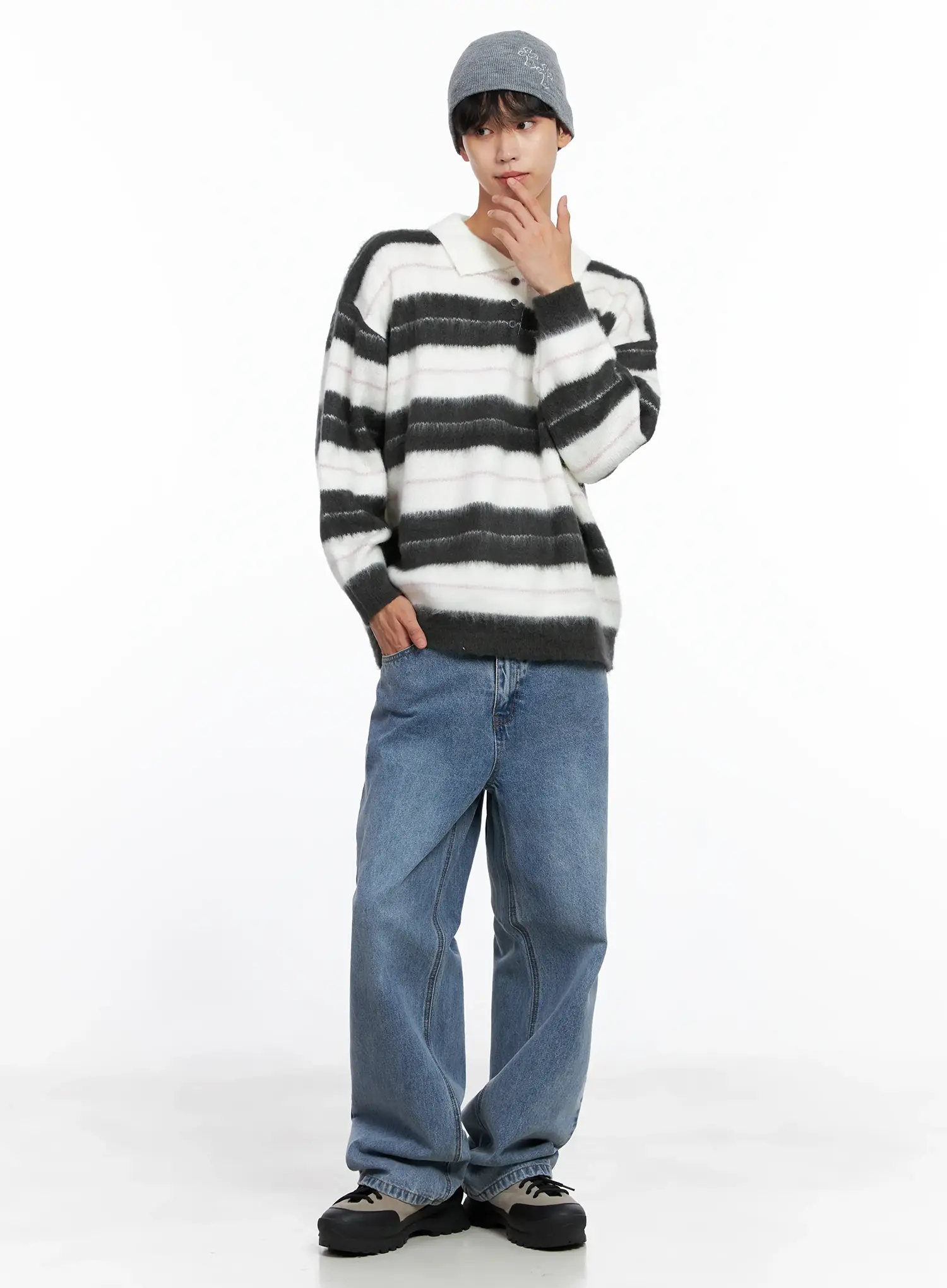 Men's Striped Knit Sweater (White) IS519 - Image 2