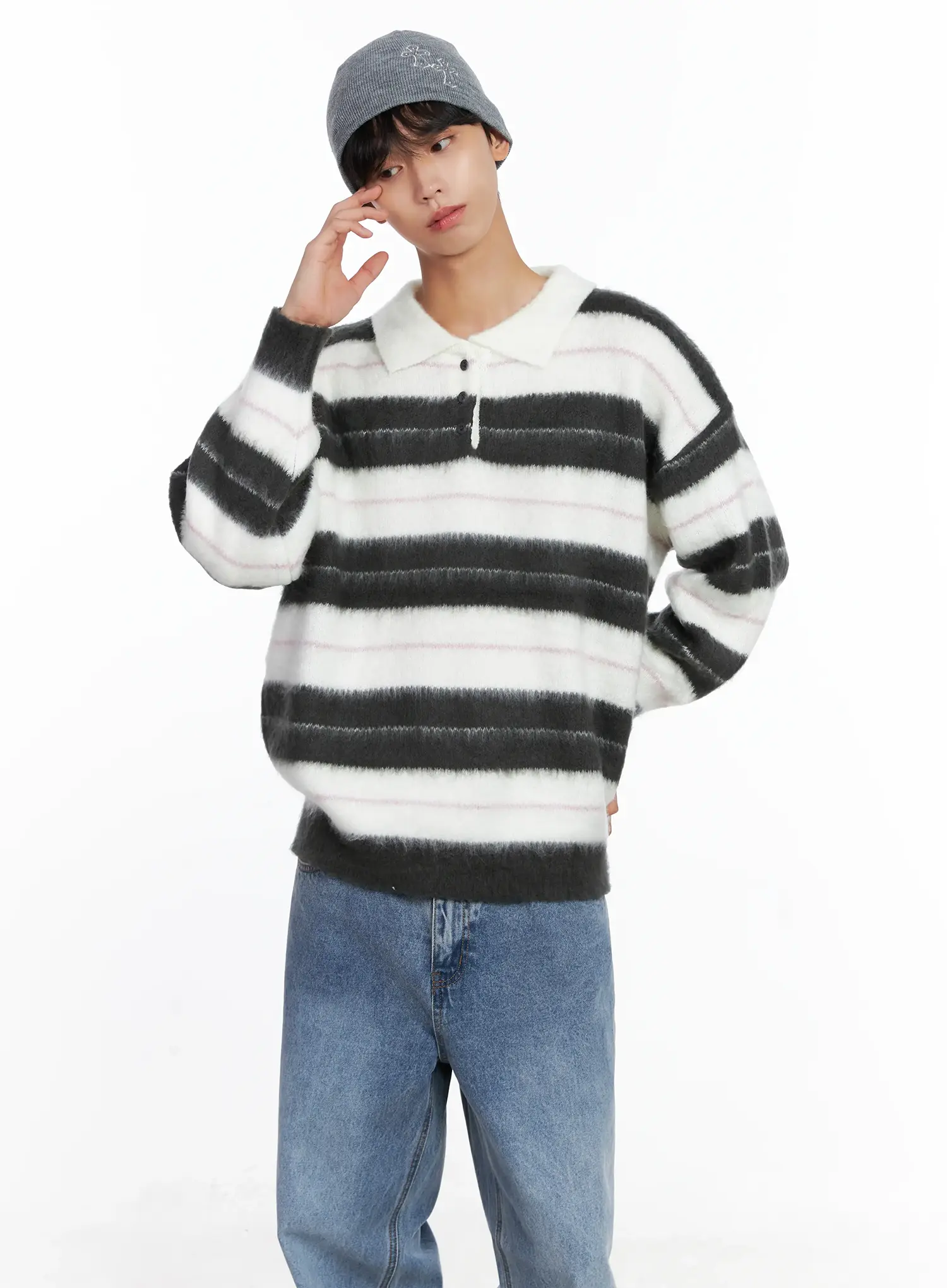 Men's Striped Knit Sweater (White) IS519 - Image 7