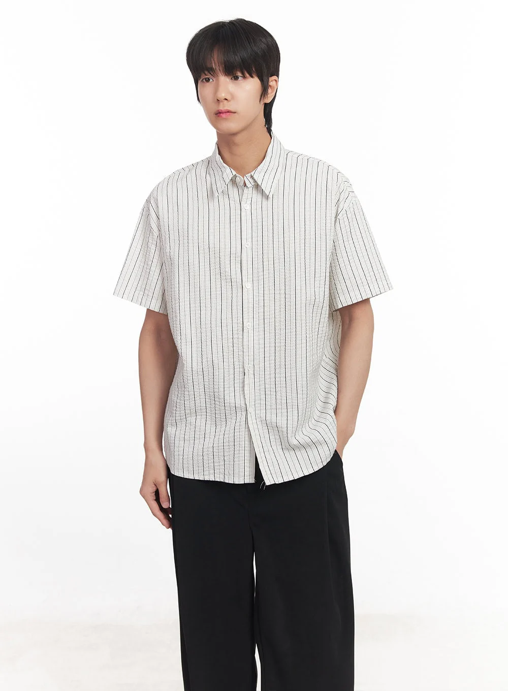 Men's Striped Loose-Fit Collared Shirt IA510 - Image 3
