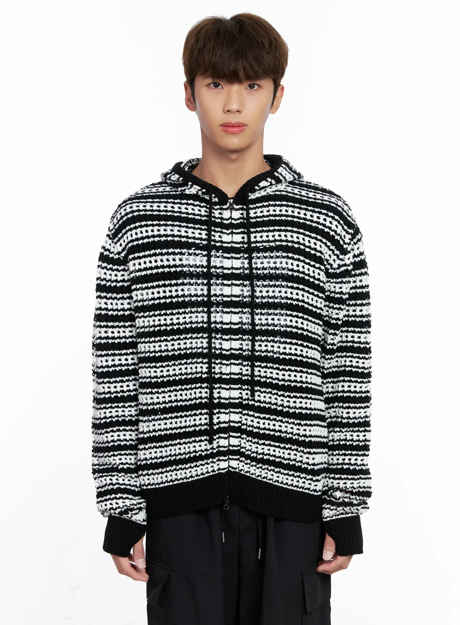 Men's Striped Textured Double Zip-Up Hoodie IO506 - Image 14
