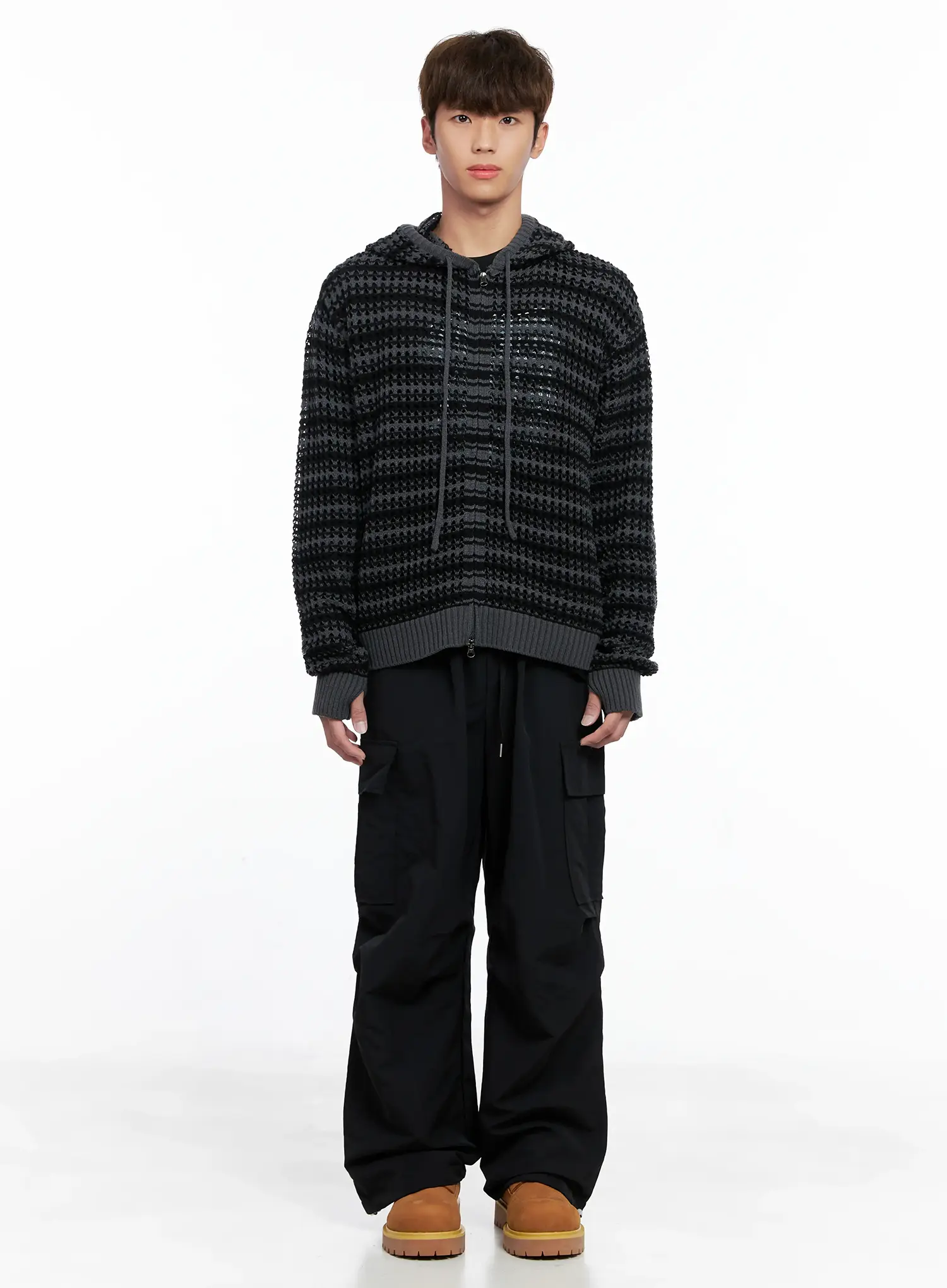 Men's Striped Textured Double Zip-Up Hoodie IO506 - Image 3