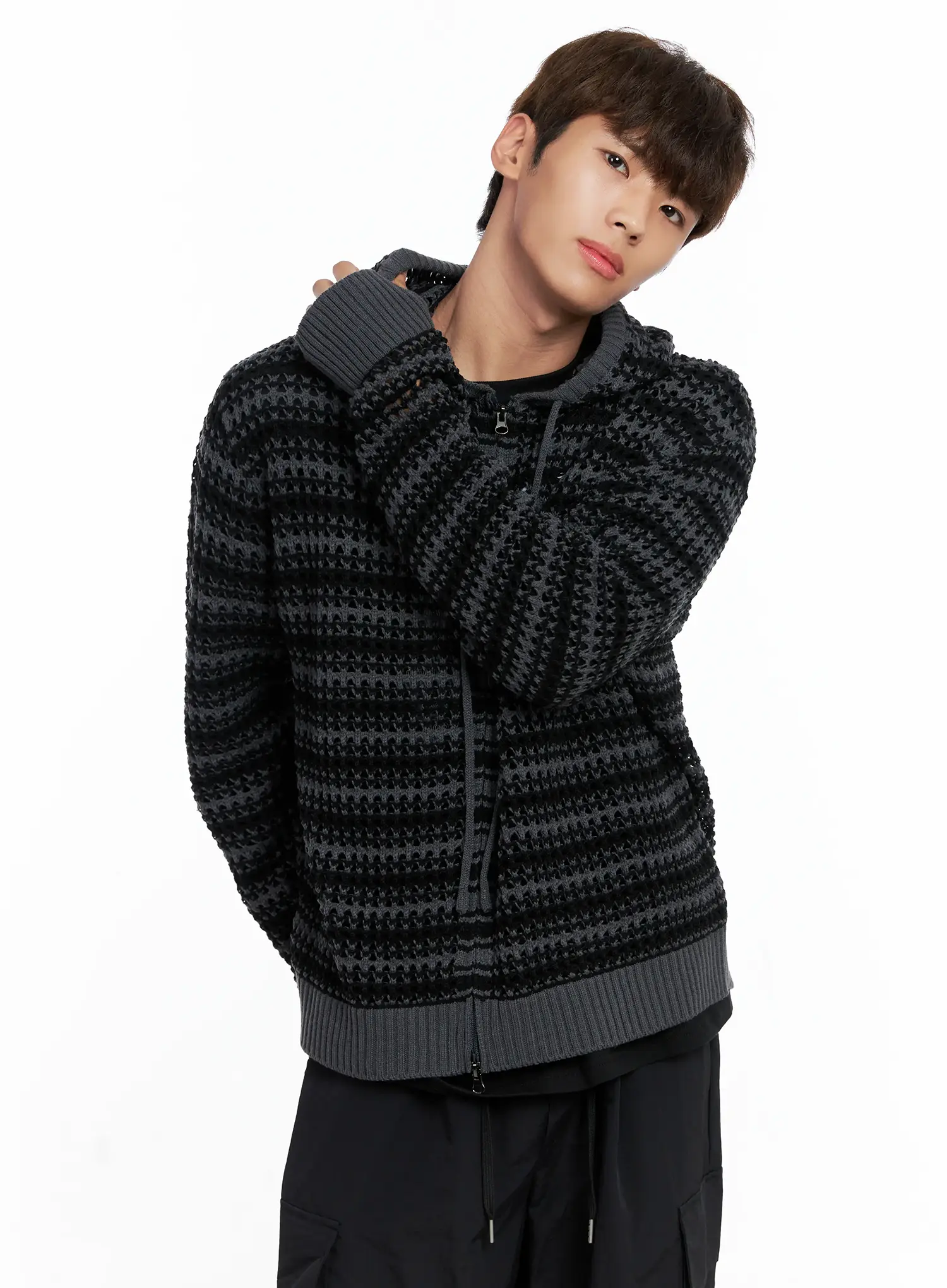 Men's Striped Textured Double Zip-Up Hoodie IO506 - Image 6