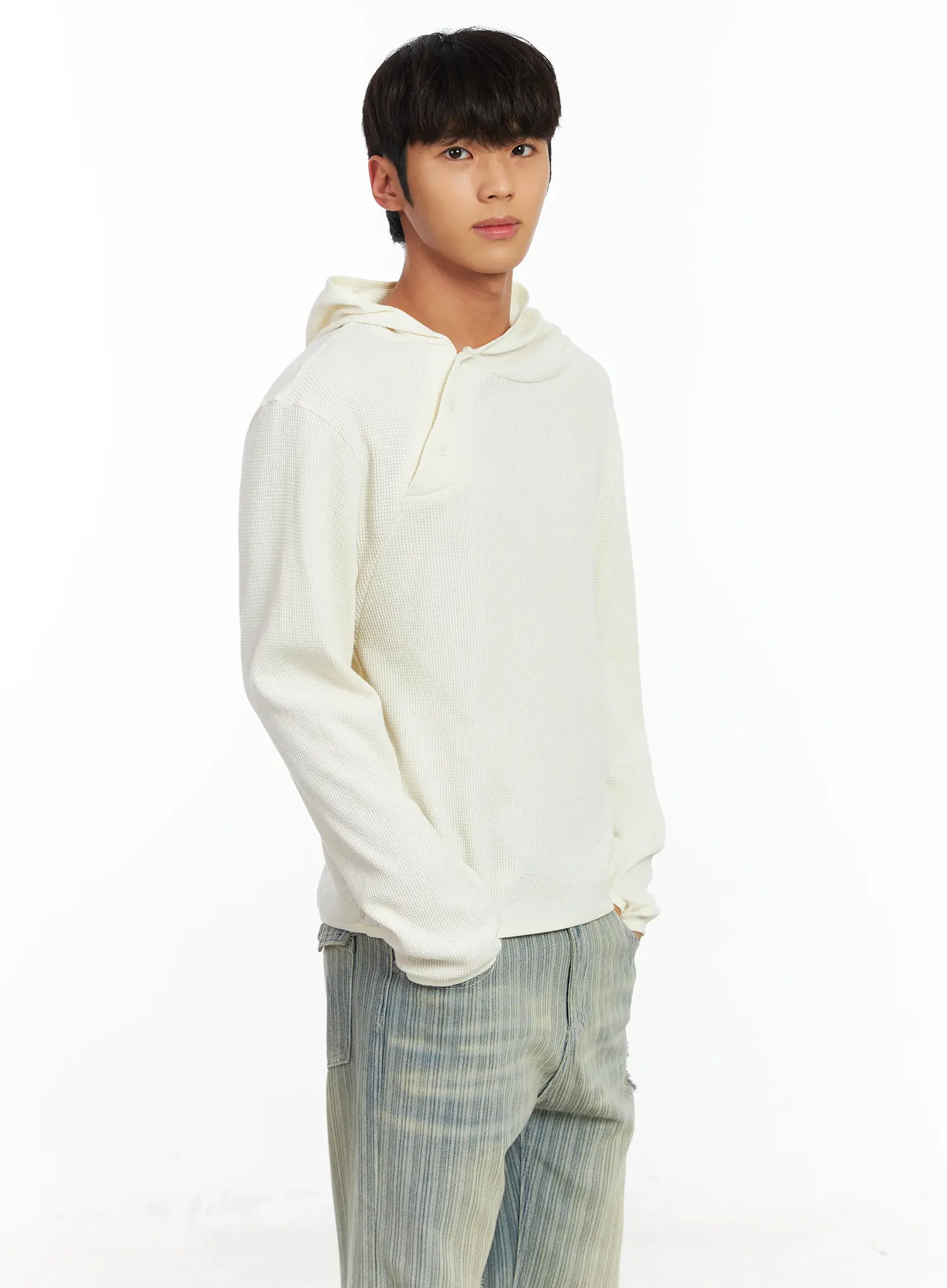 Men's Waffle Knit Henley Neck Hoodie IF504