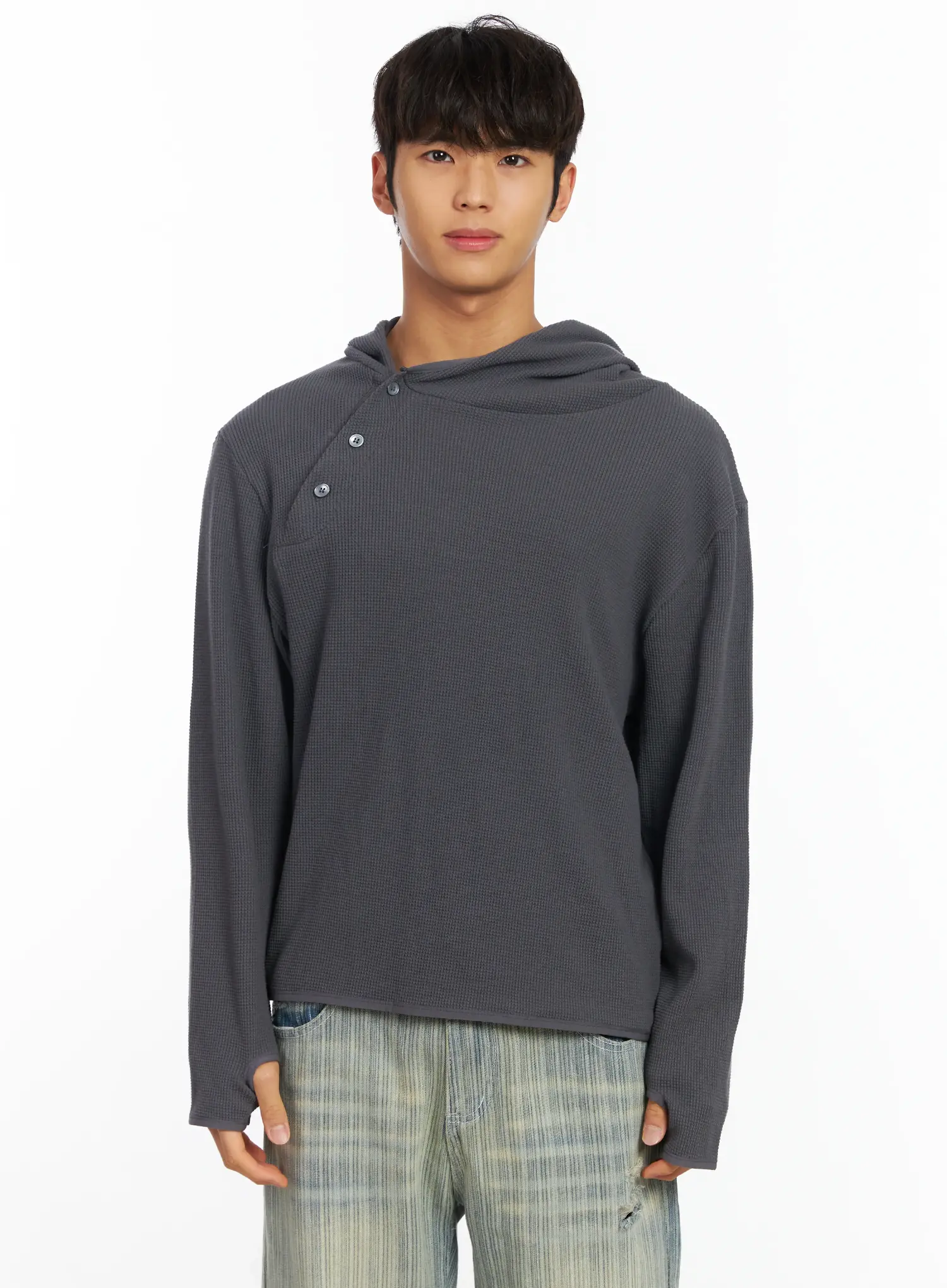 Men's Waffle Knit Henley Neck Hoodie IF504 - Image 12