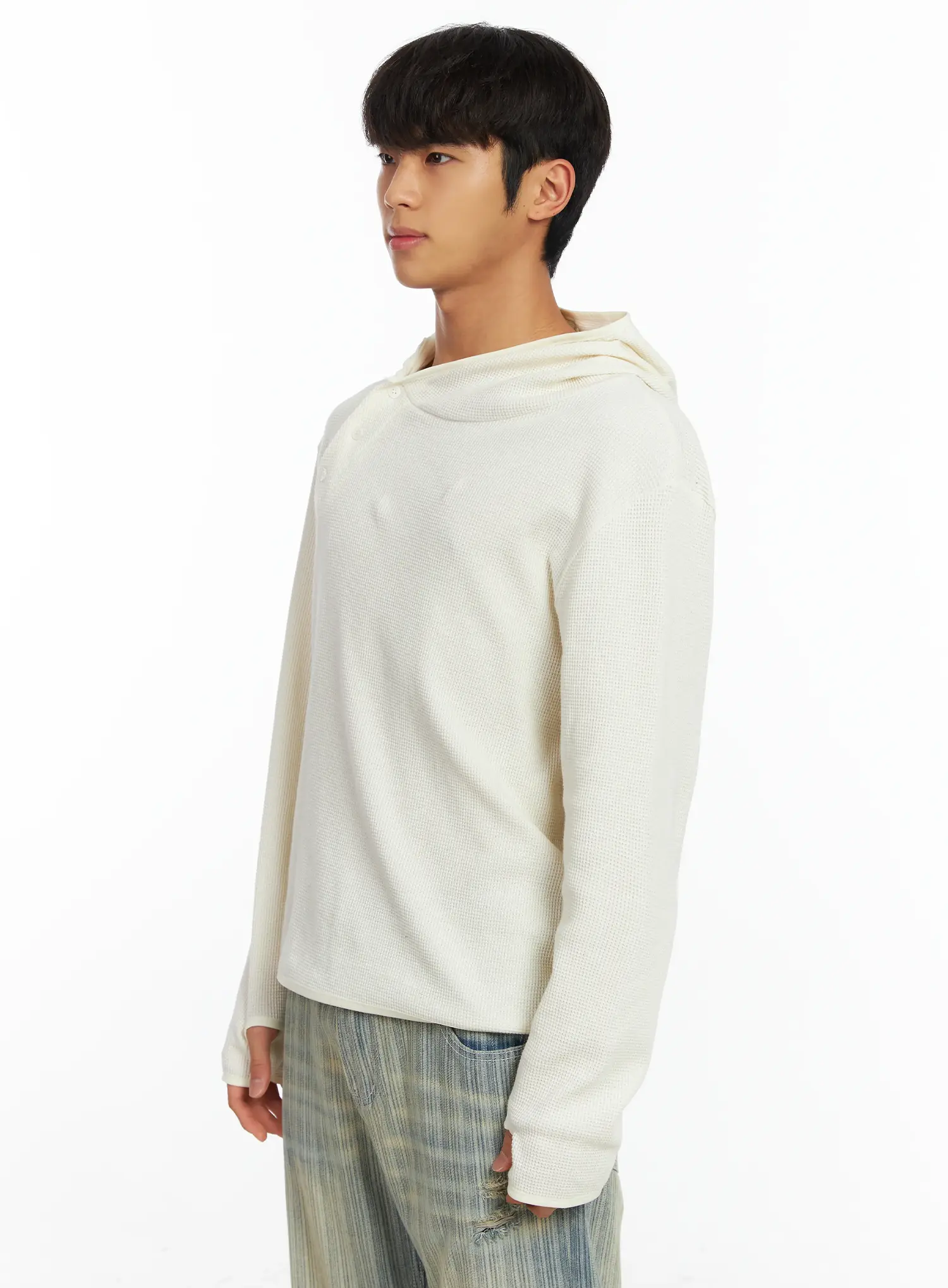 Men's Waffle Knit Henley Neck Hoodie IF504 - Image 4