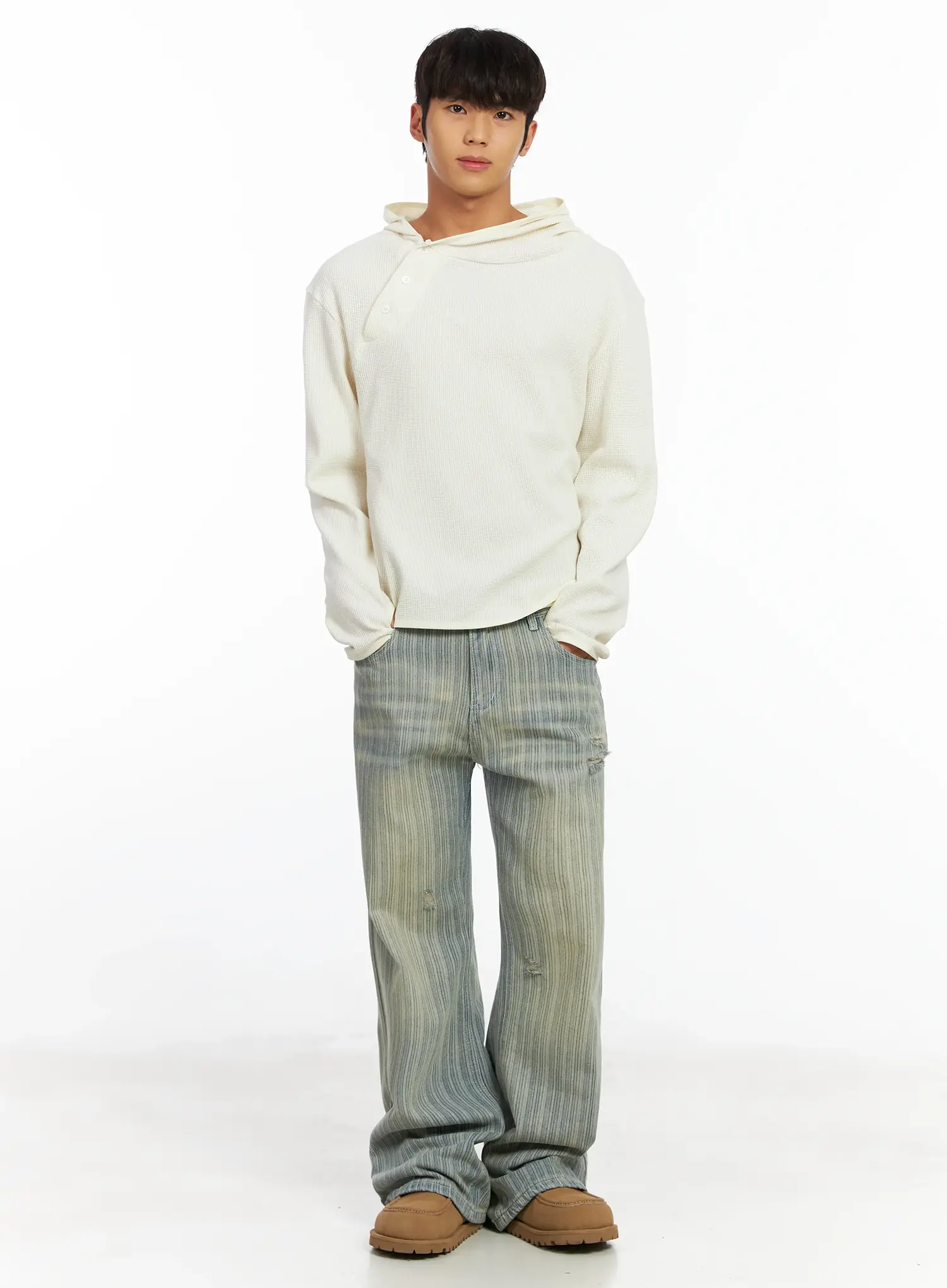 Men's Waffle Knit Henley Neck Hoodie IF504 - Image 6