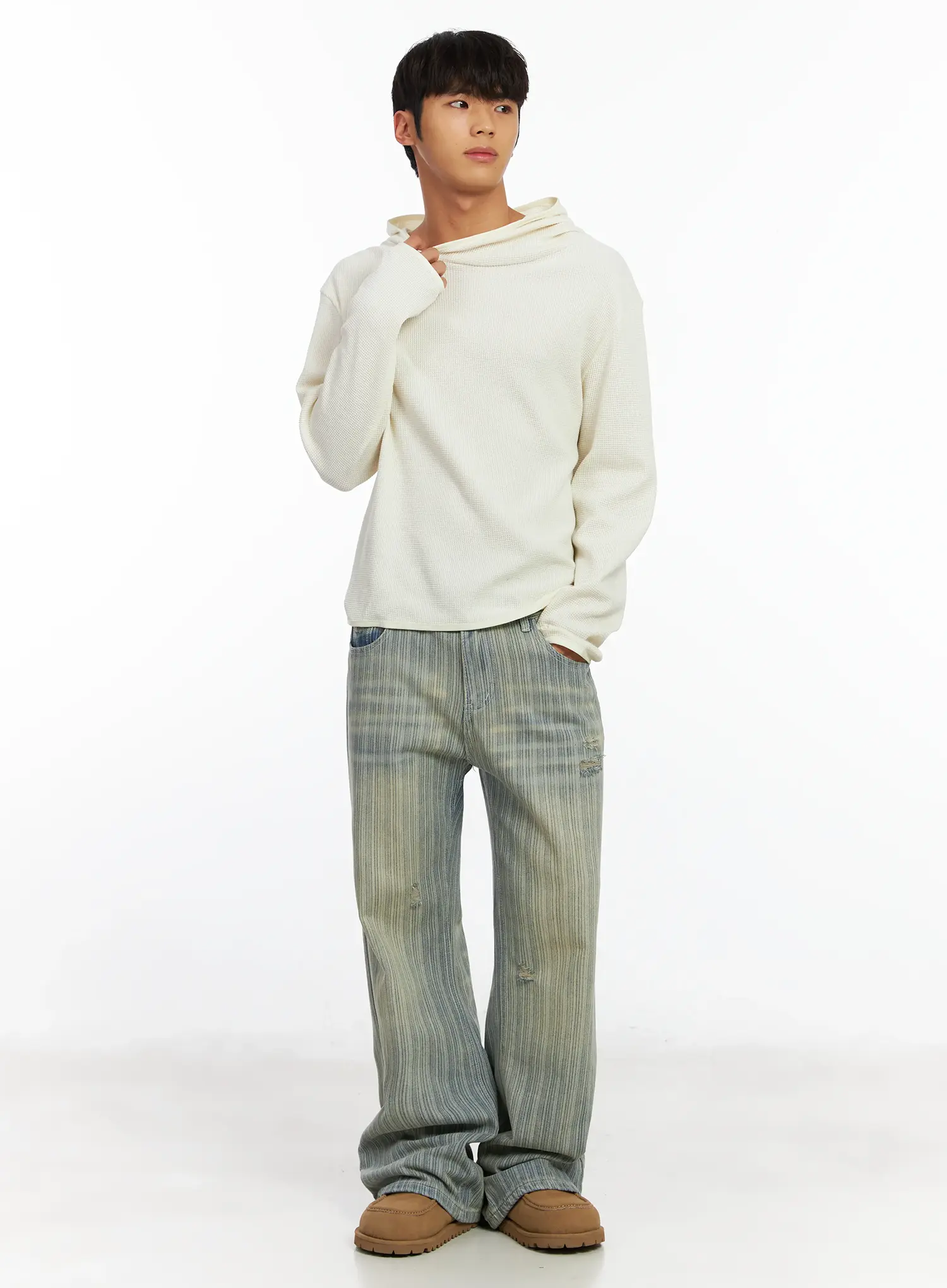 Men's Waffle Knit Henley Neck Hoodie IF504 - Image 7