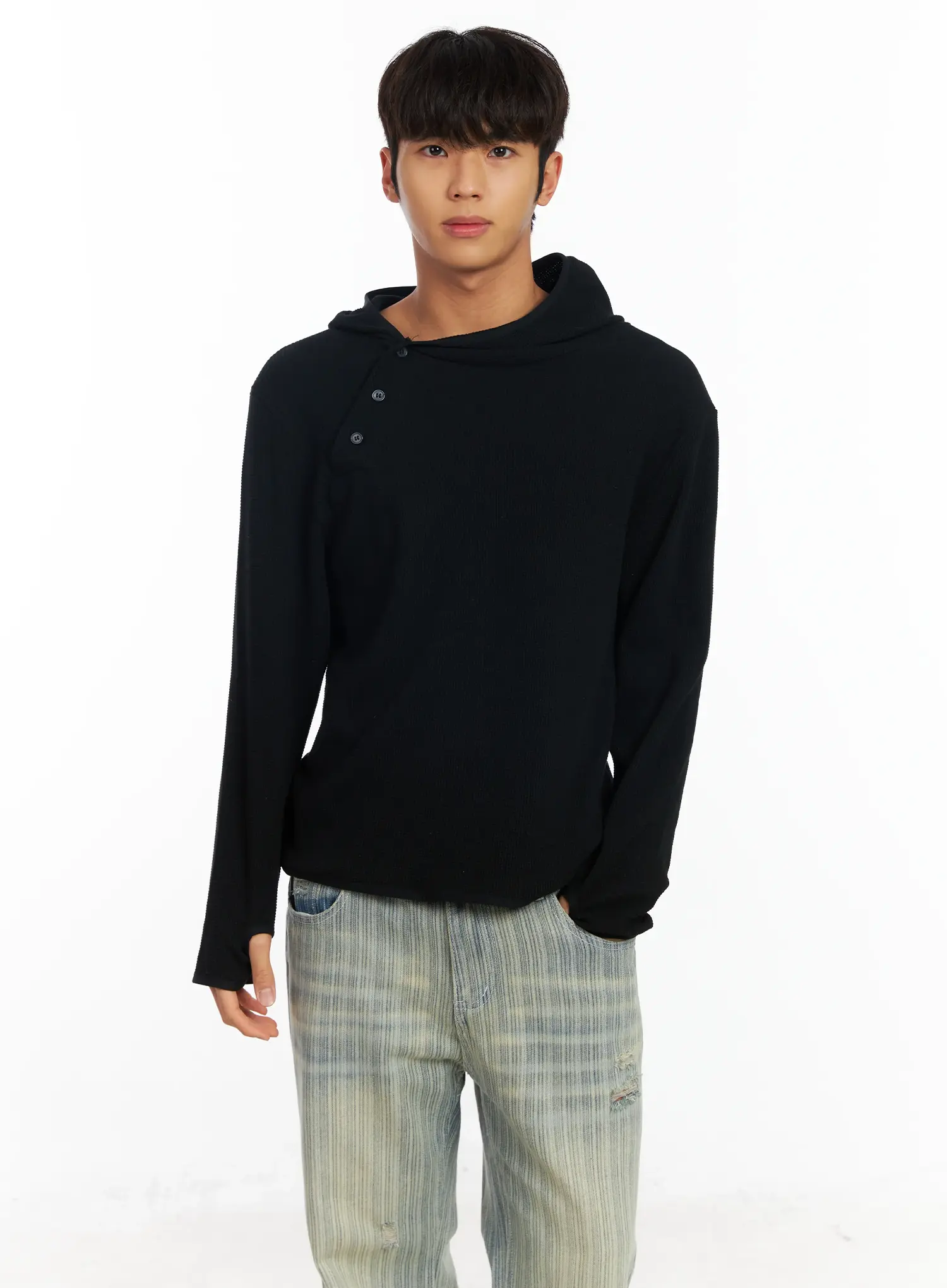 Men's Waffle Knit Henley Neck Hoodie IF504 - Image 8