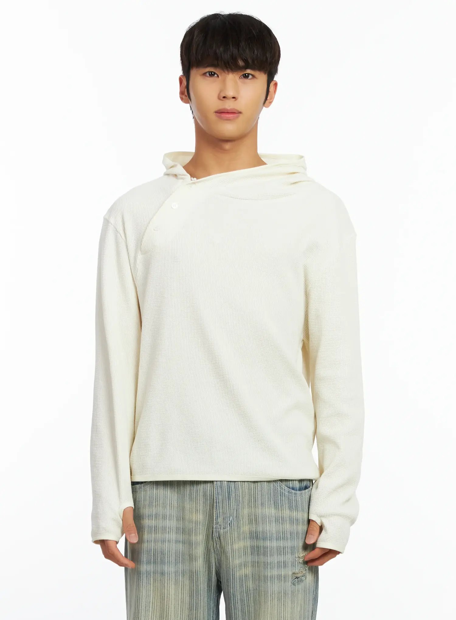 Men's Waffle Knit Henley Neck Hoodie IF504 - Image 9