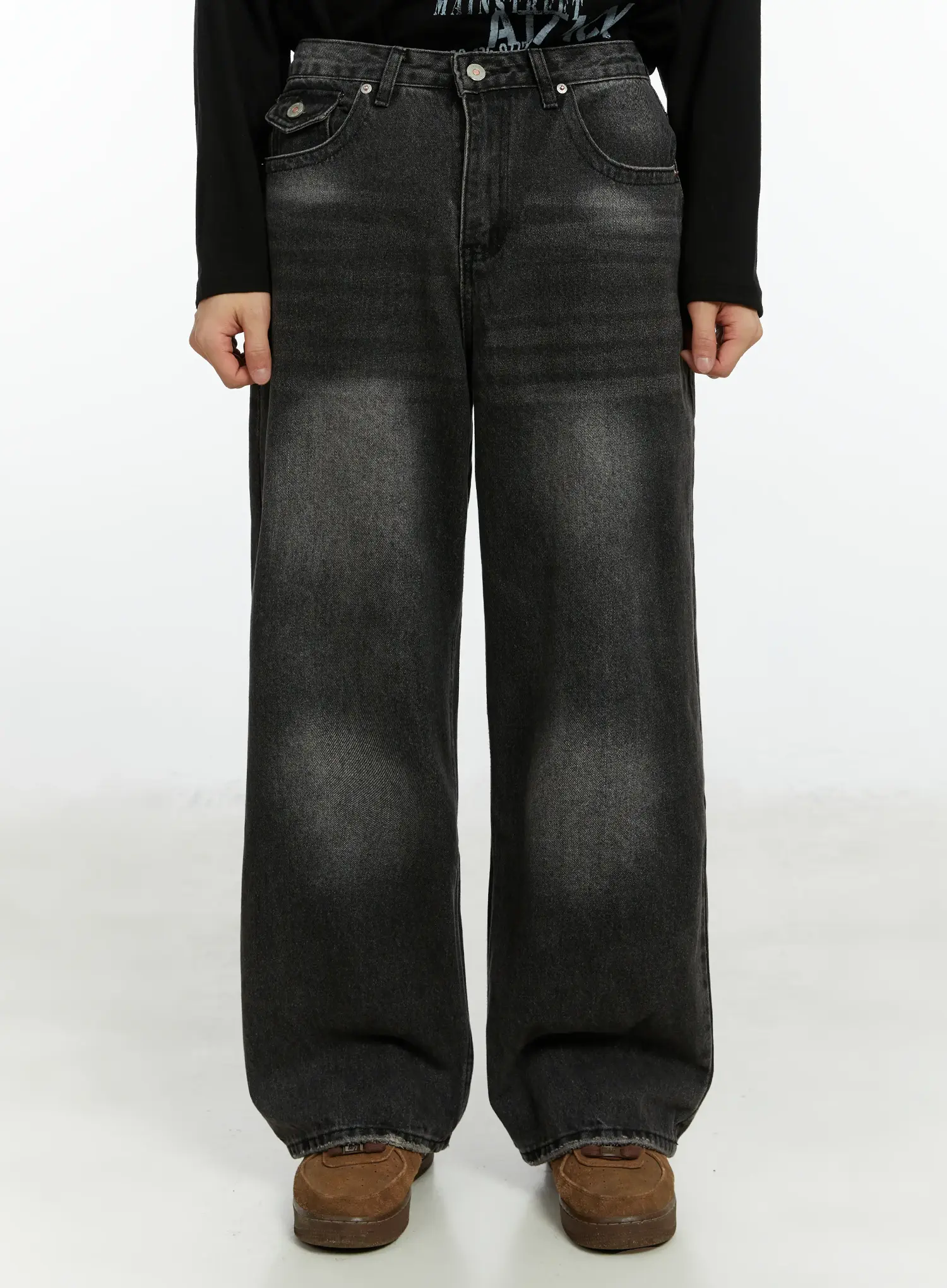 Men's Washed Black Wide Leg Jeans IF511 - Image 2