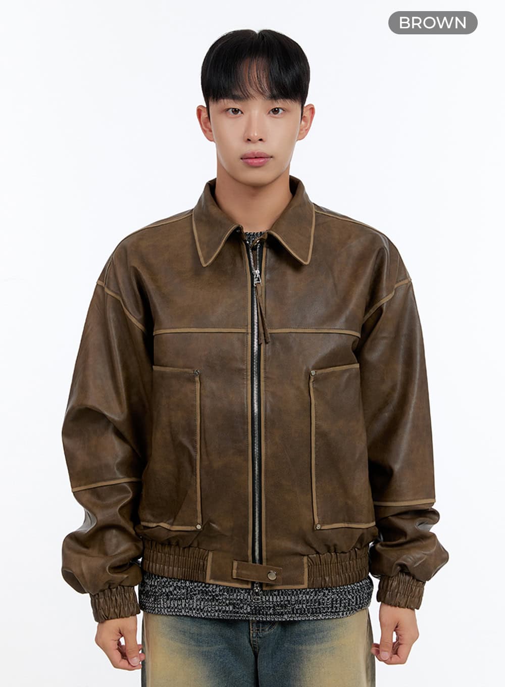 Men's Washed Vintage Zip-Up Leather Jacket IS413 - Image 9