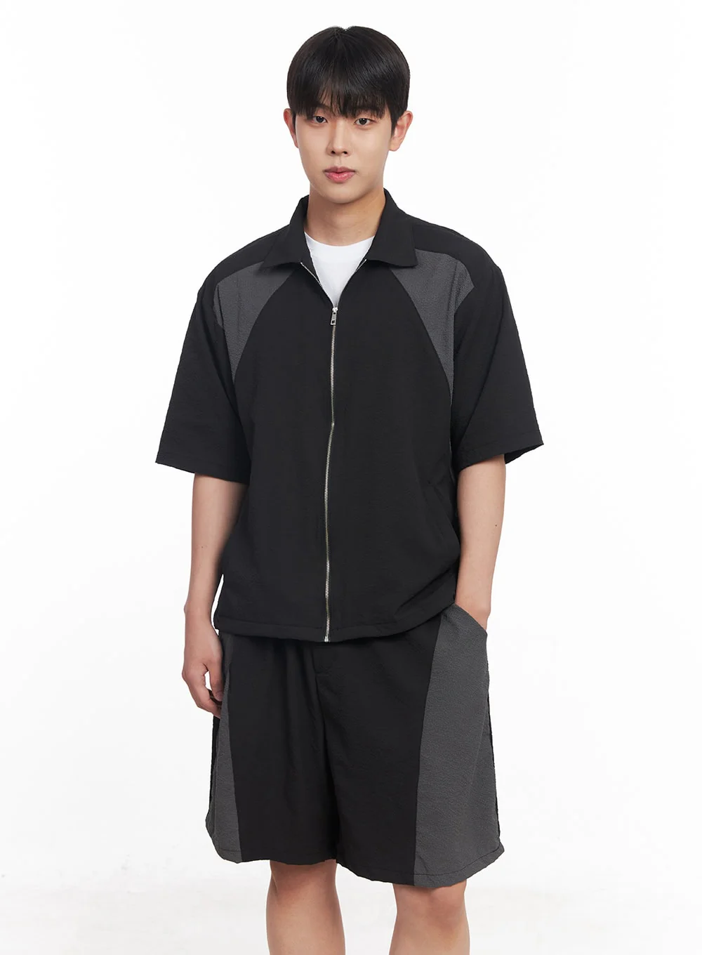 Men's Zip-Up Collared Half-Sleeve Shirt IY520 - Image 3