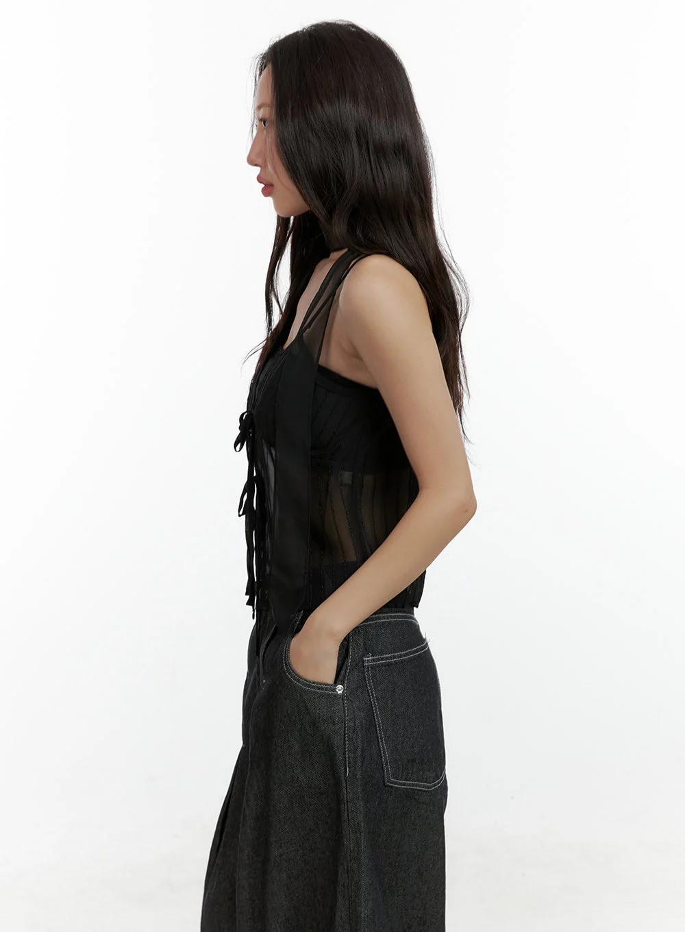 Mesh Slit Strap Tank Top with Scarf Set CL410 - Image 5