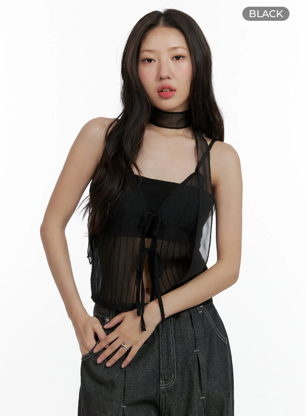 Mesh Slit Strap Tank Top with Scarf Set CL410 - Image 8
