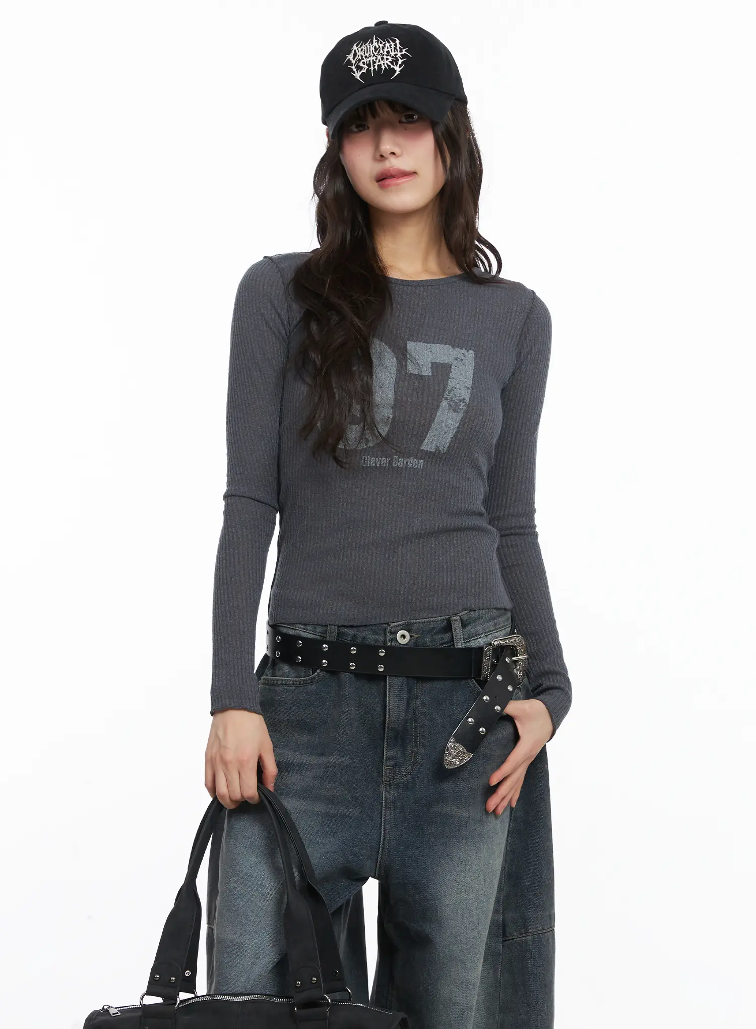 Number Print Ribbed Long Sleeve Tee CJ501