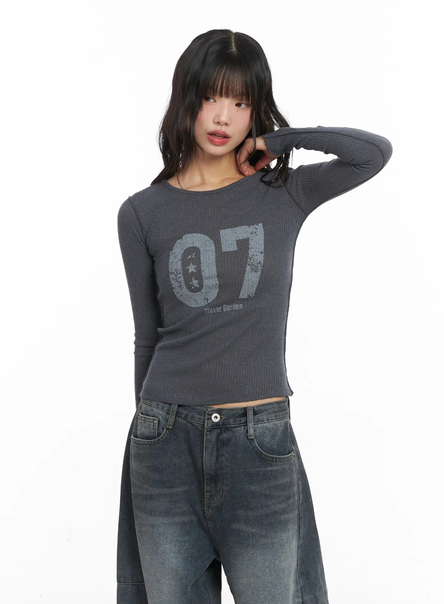 Number Print Ribbed Long Sleeve Tee CJ501 - Image 3