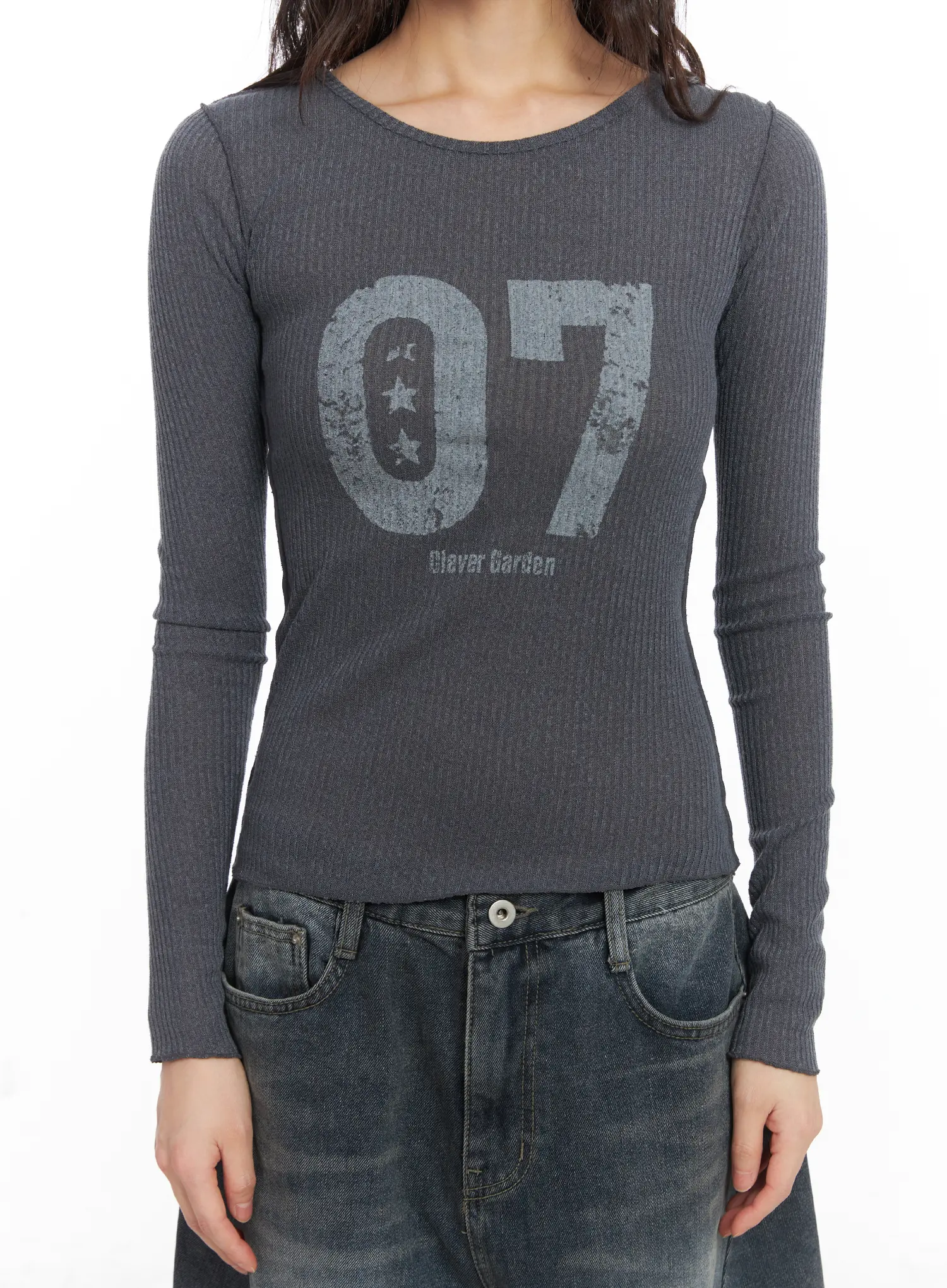 Number Print Ribbed Long Sleeve Tee CJ501 - Image 4