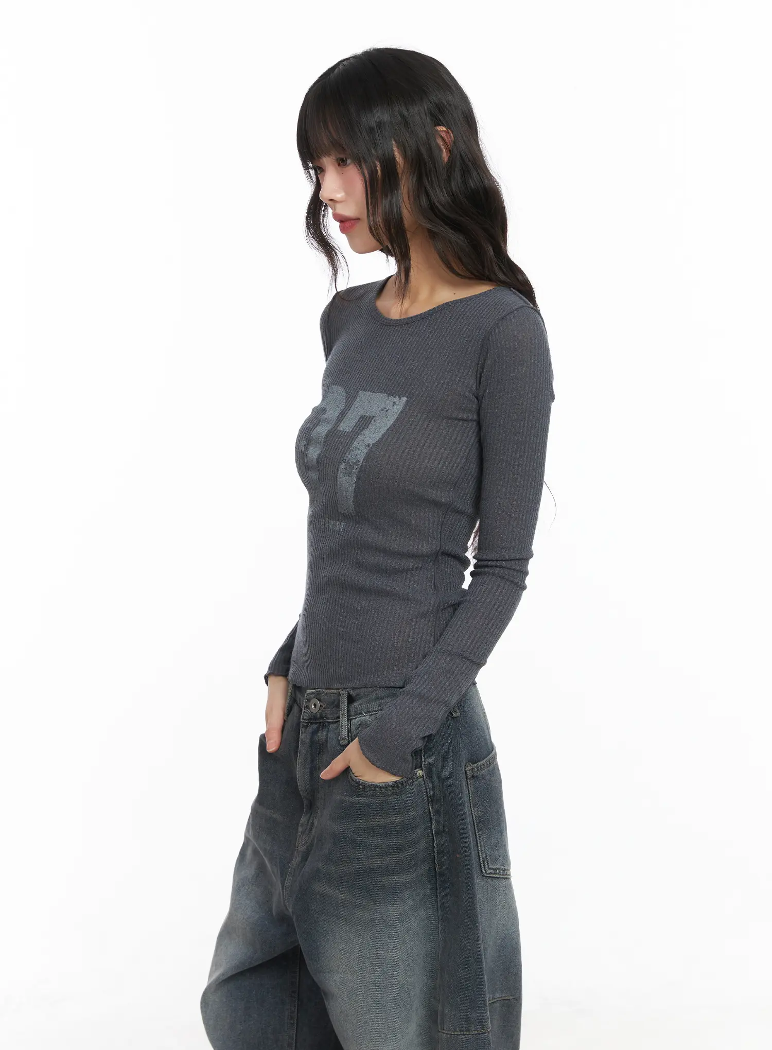 Number Print Ribbed Long Sleeve Tee CJ501 - Image 6