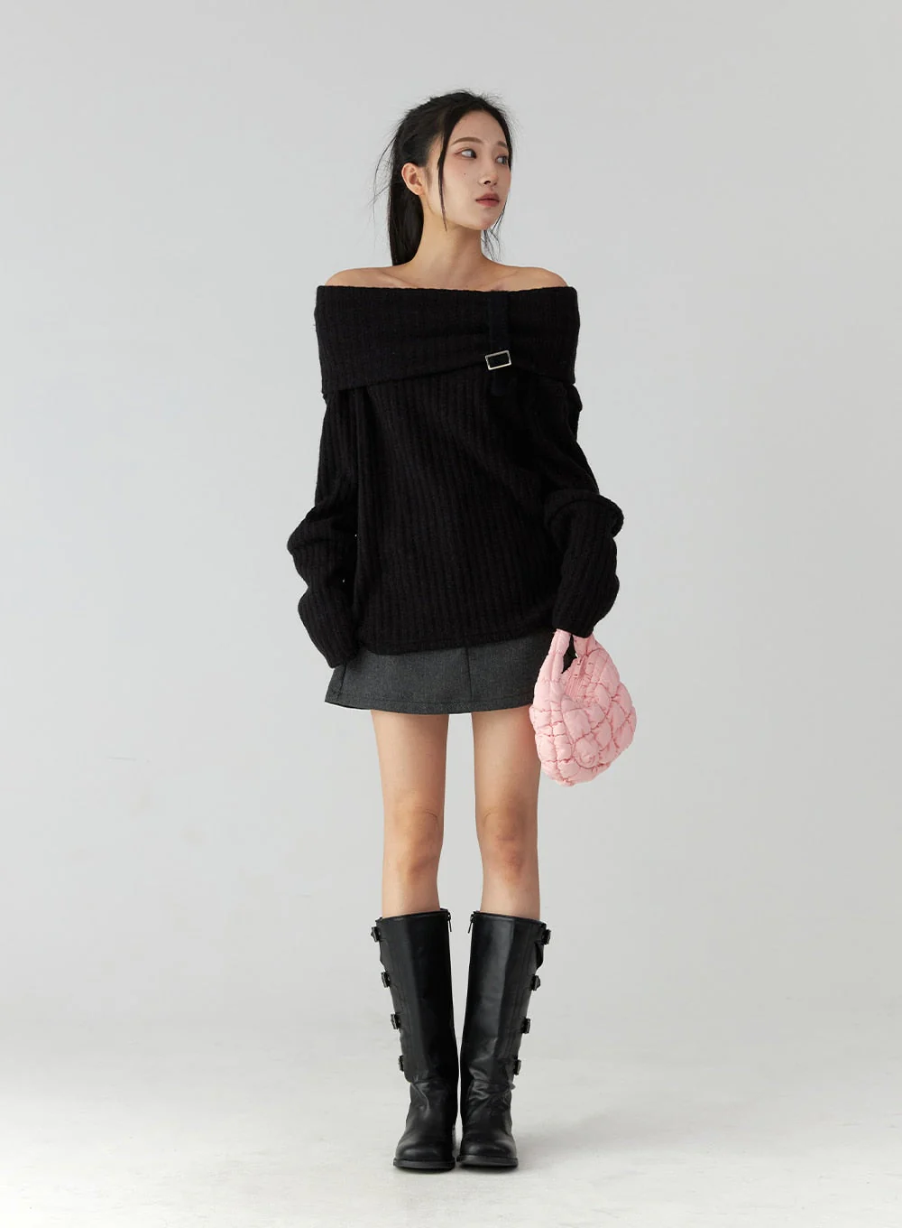 Off-Shoulder Buckle Knit Sweater CD322 - Image 2