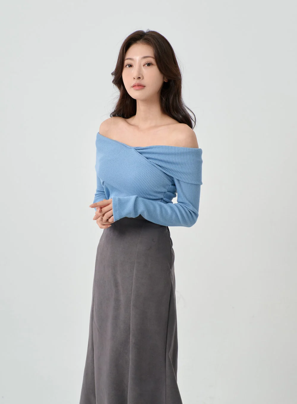 Off-Shoulder Cross Knit Long Sleeve T-Shirt IN07 - Image 3