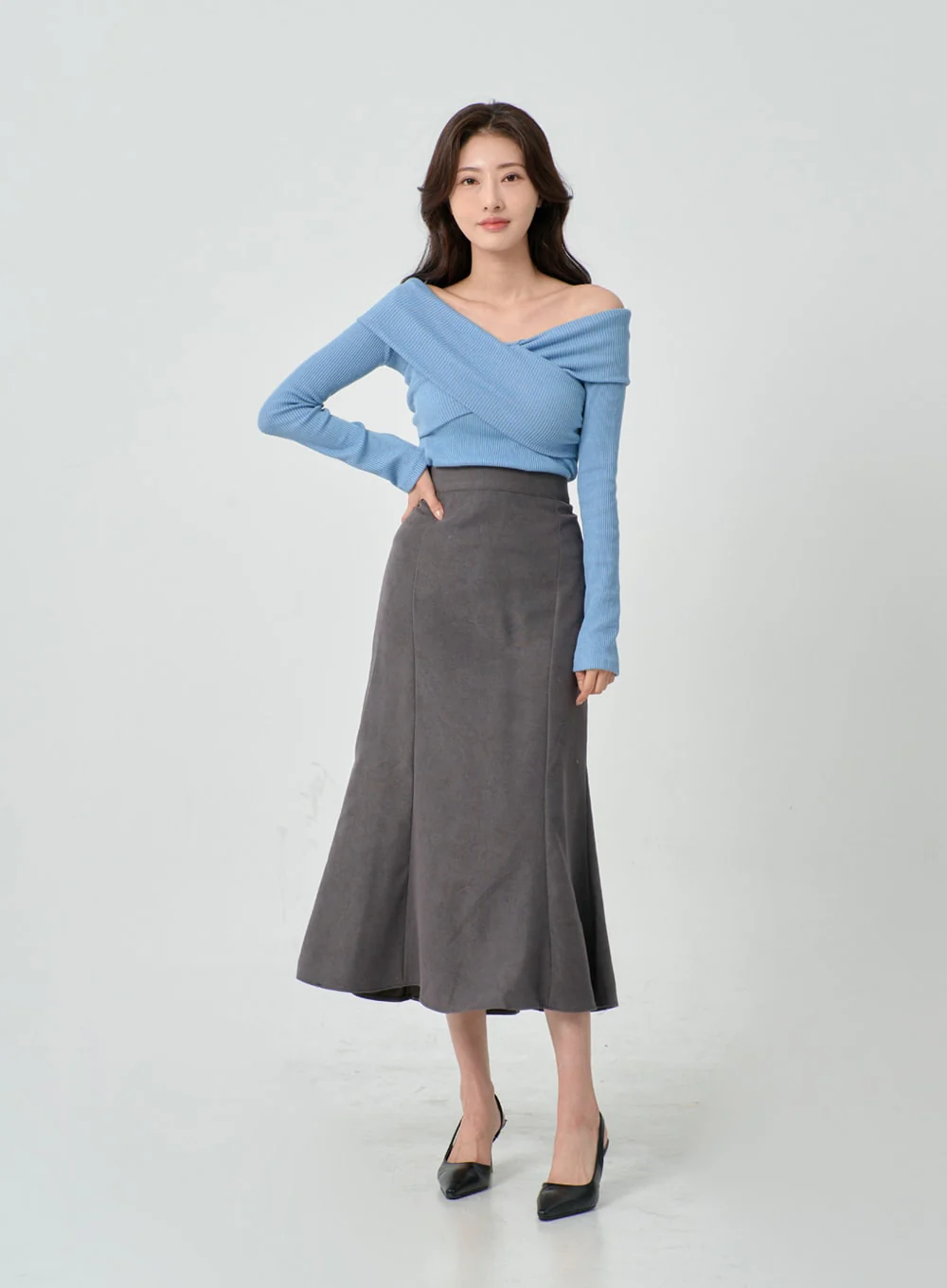 Off-Shoulder Cross Knit Long Sleeve T-Shirt IN07 - Image 5