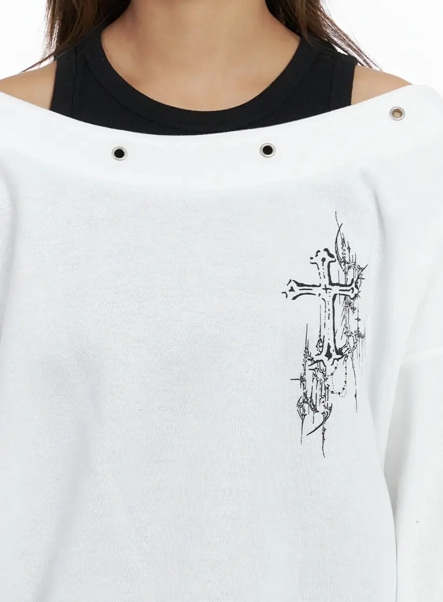 Off-Shoulder Eyelet Graphic Sweater IN528 - Image 3