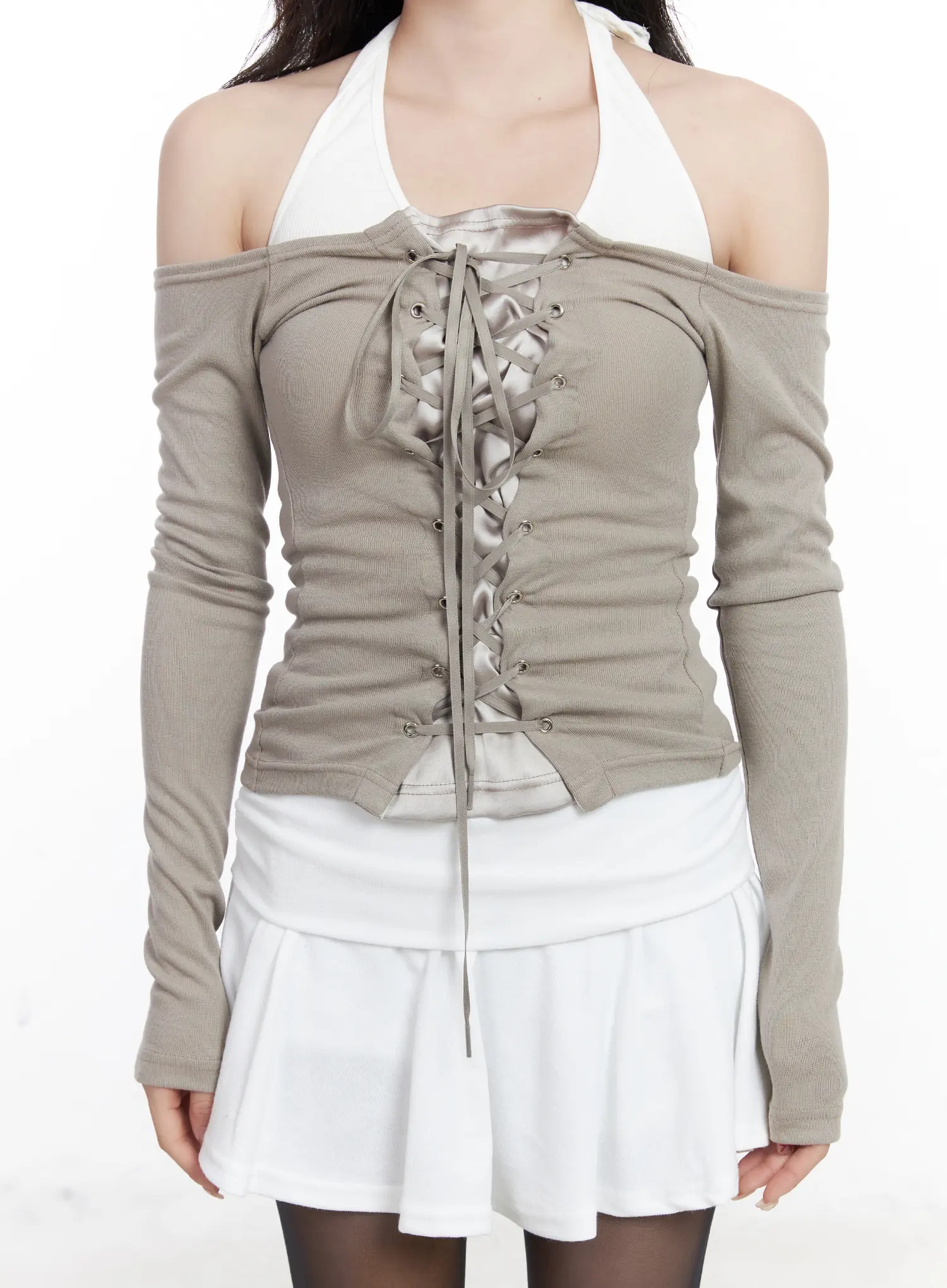 Off-Shoulder Eyelet Lace-Up Top CJ527 - Image 7