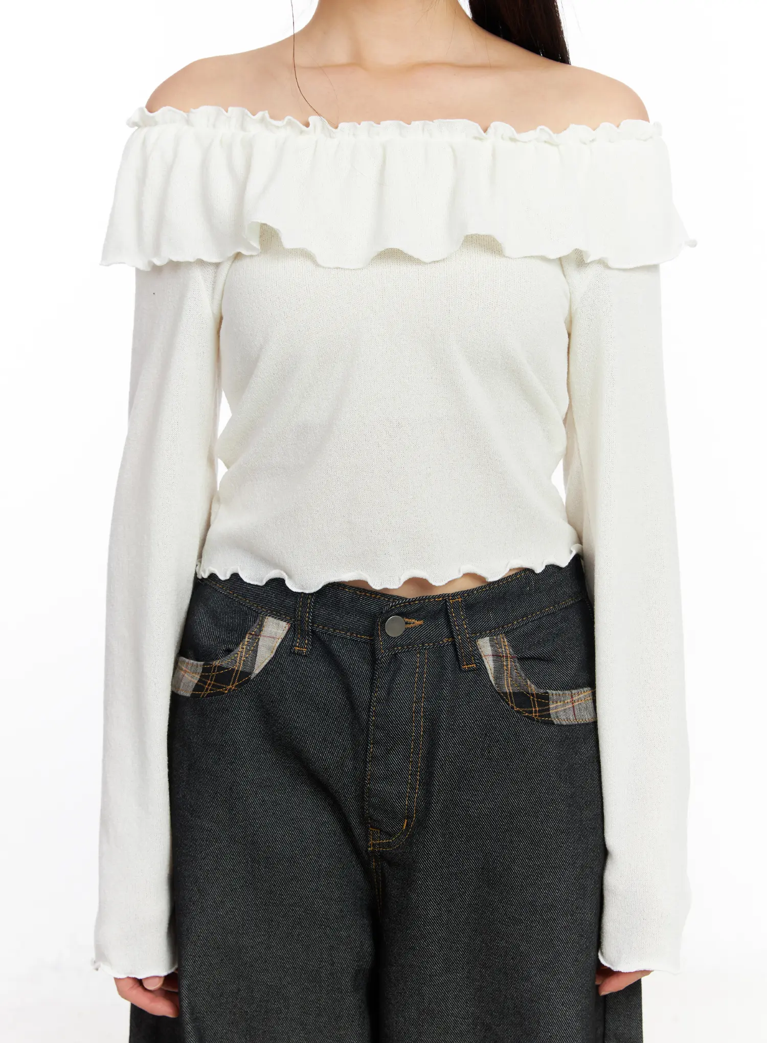 Off-Shoulder Frill Long Sleeve Top CF506 - Image 18