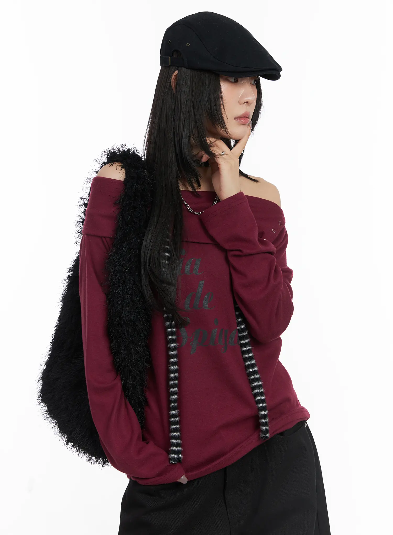 Off-Shoulder Graphic Button Long Sleeve Top CD508
