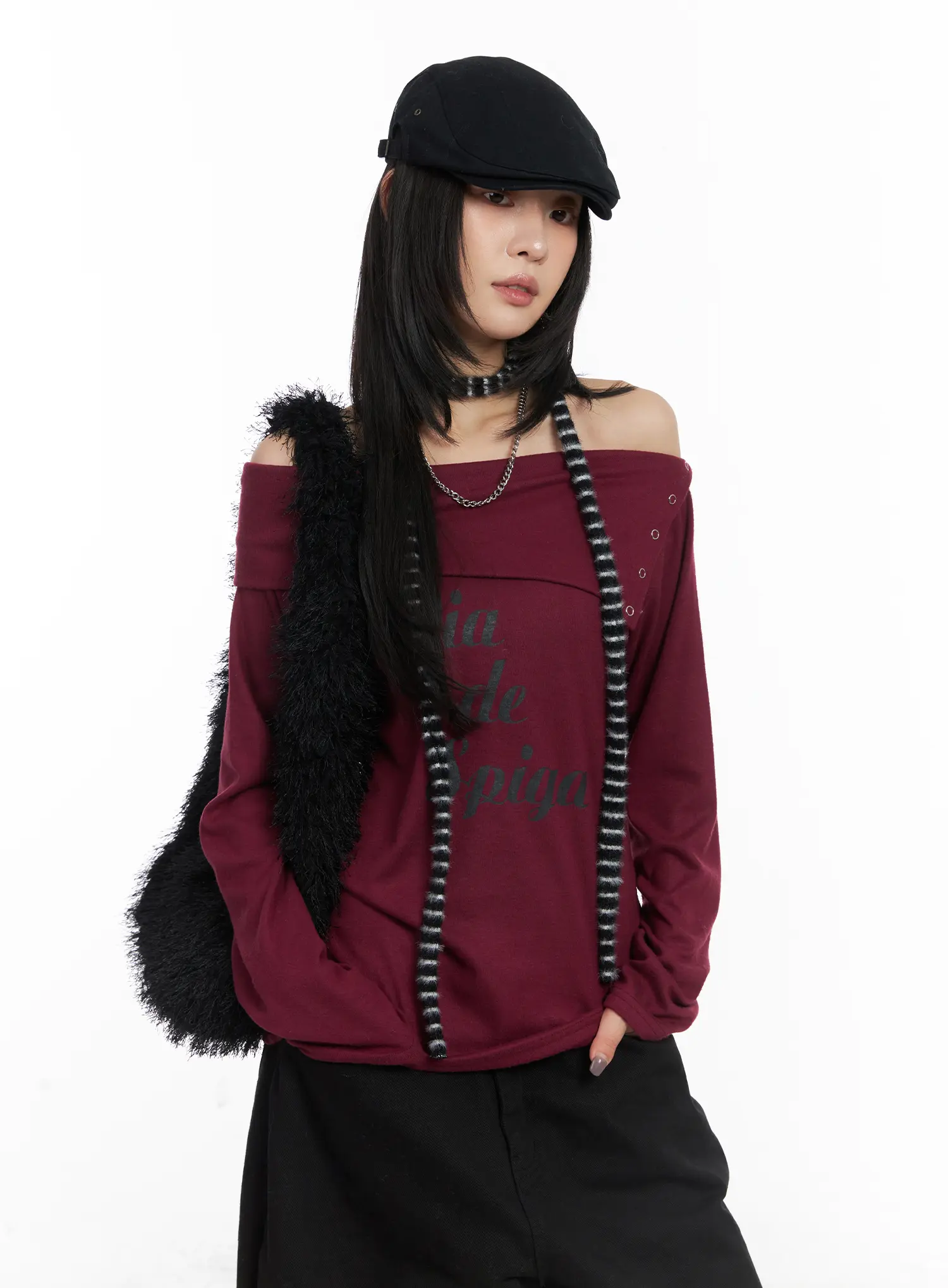 Off-Shoulder Graphic Button Long Sleeve Top CD508 - Image 5