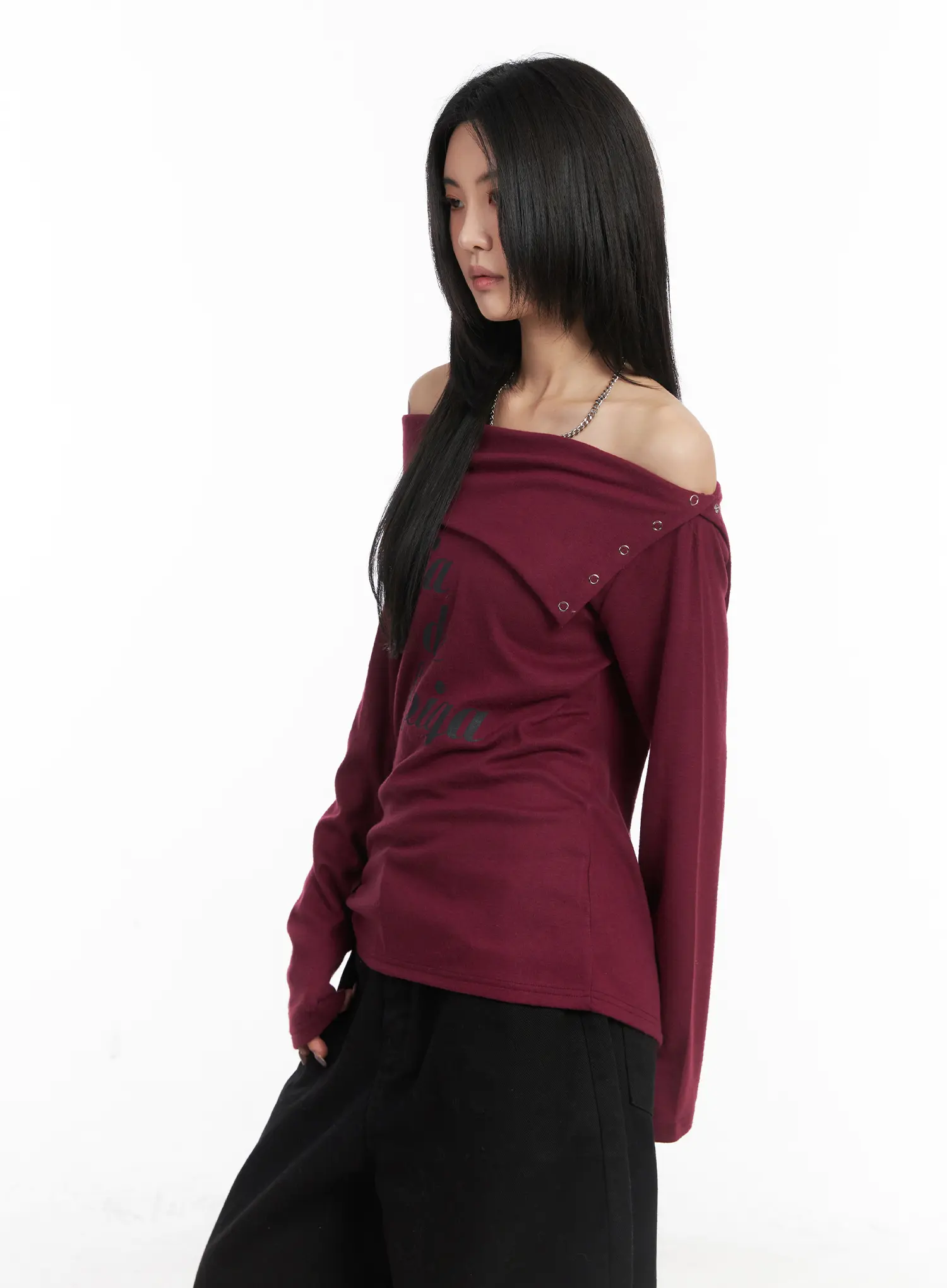 Off-Shoulder Graphic Button Long Sleeve Top CD508 - Image 6