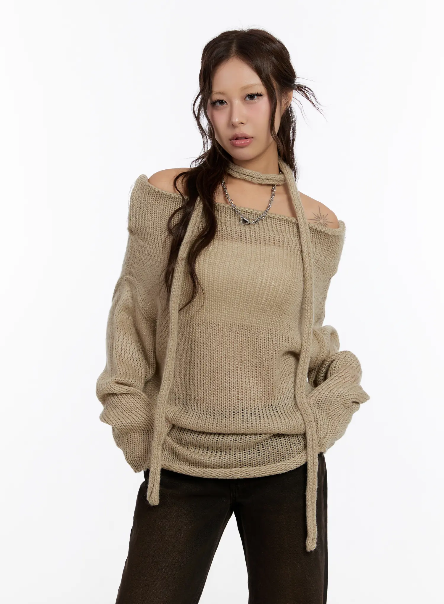 Off Shoulder Knit Sweater With Scarf CN527 - Image 2